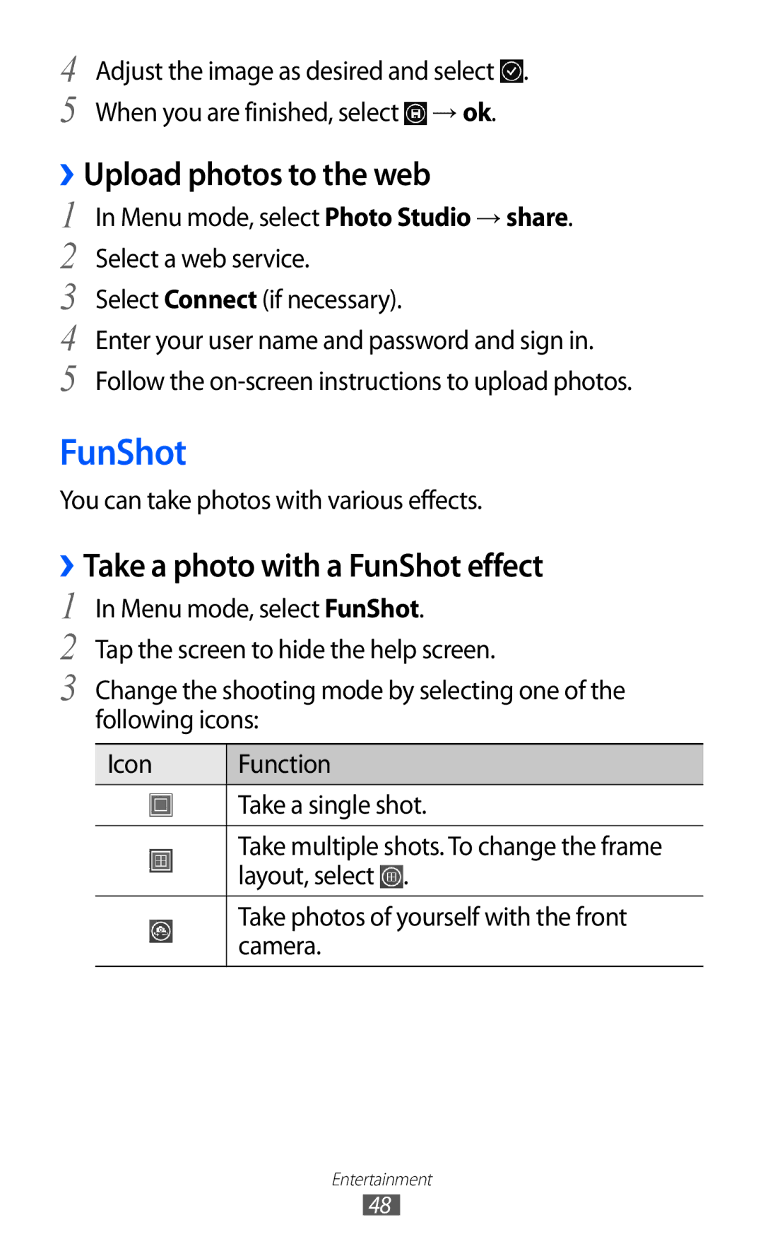 Samsung GT-S7530EAASER, GT-S7530EAAO2C, GT-S7530EAAXEZ ››Upload photos to the web, ››Take a photo with a FunShot effect 