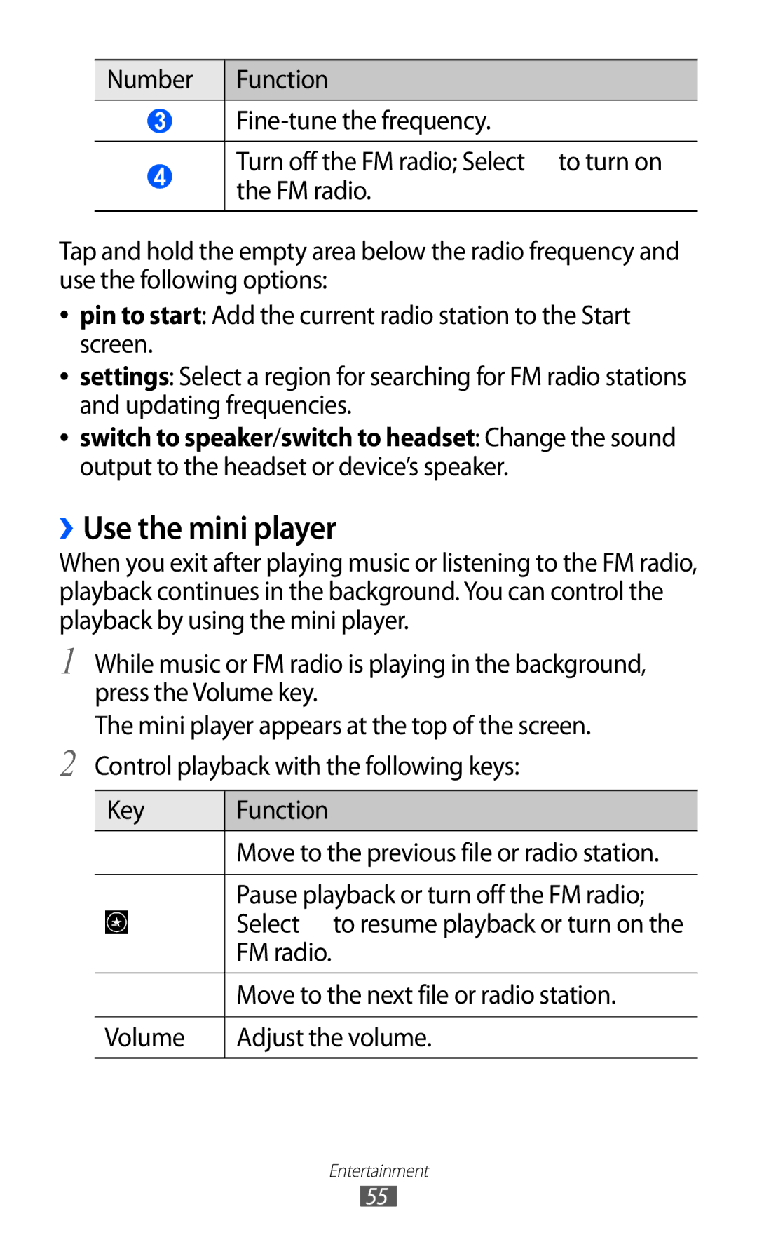 Samsung GT-S7530EAAO2C, GT-S7530EAAXEZ, GT-S7530EAAPAN, GT-S7530EAASER, GT-S7530EAAMTS manual ››Use the mini player 