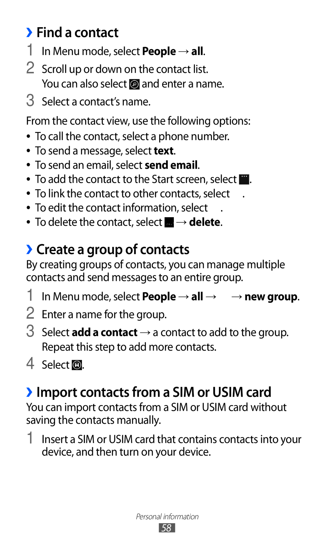 Samsung GT-S7530EAASER manual ››Find a contact, ››Create a group of contacts, ››Import contacts from a SIM or Usim card 