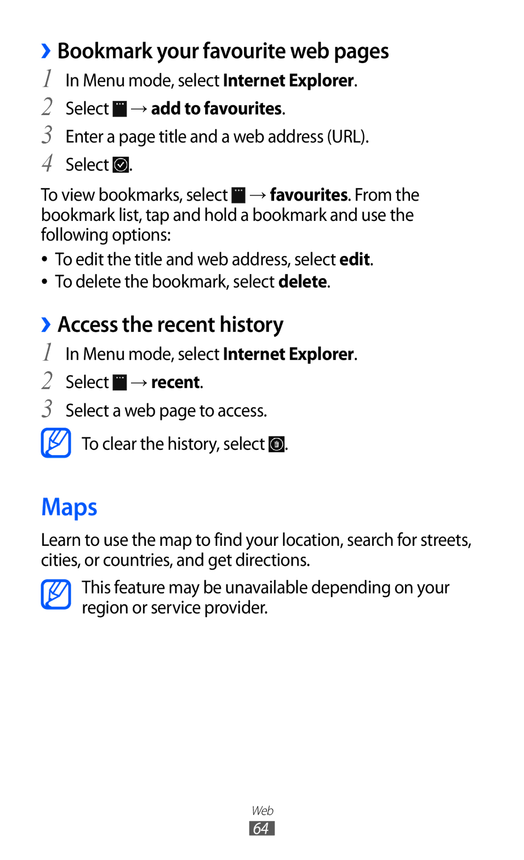 Samsung GT-S7530EAAMTS Maps, ››Bookmark your favourite web pages, ››Access the recent history, Select → add to favourites 