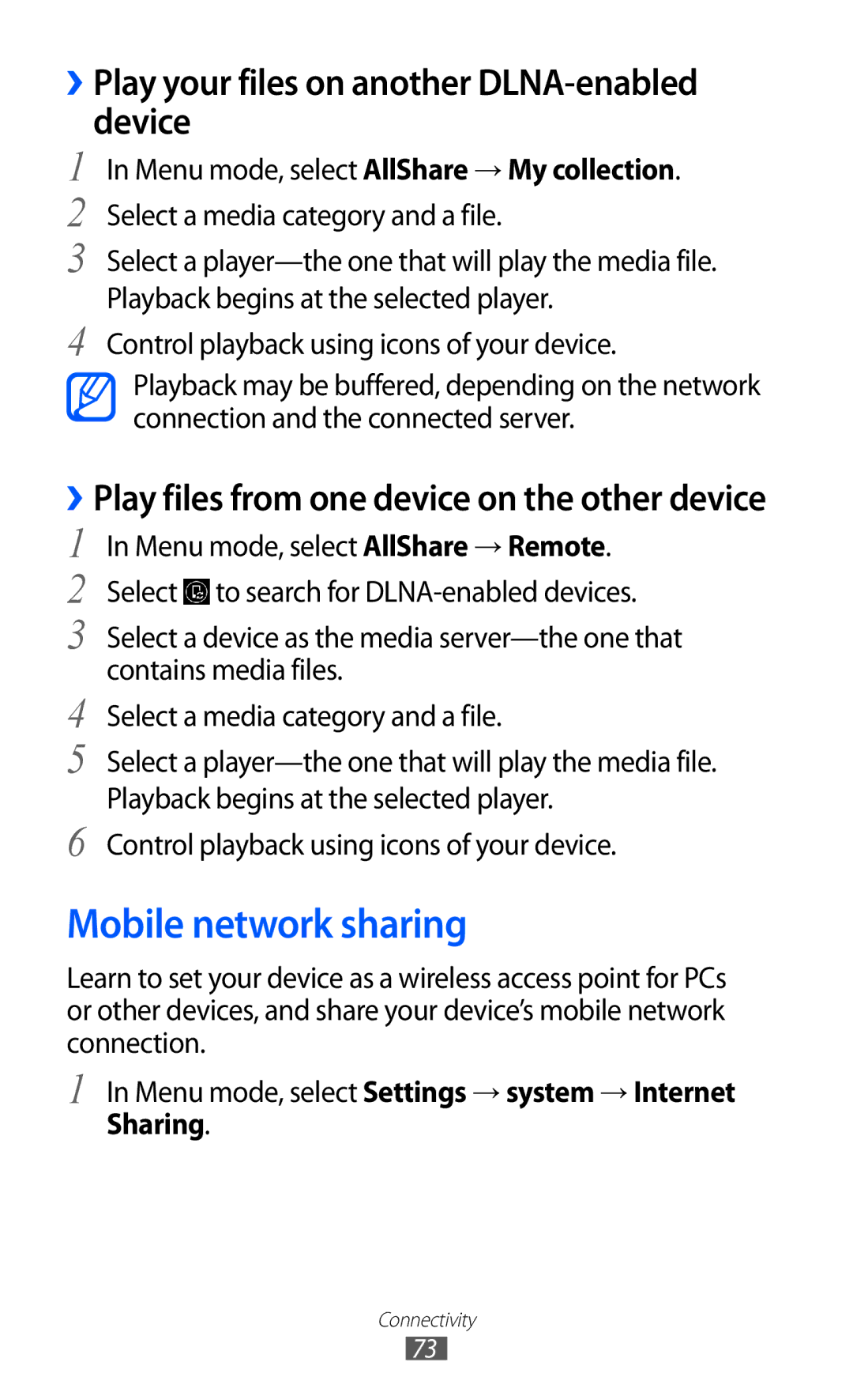 Samsung GT-S7530EAASER, GT-S7530EAAO2C manual Mobile network sharing, ››Play your files on another DLNA-enabled device 