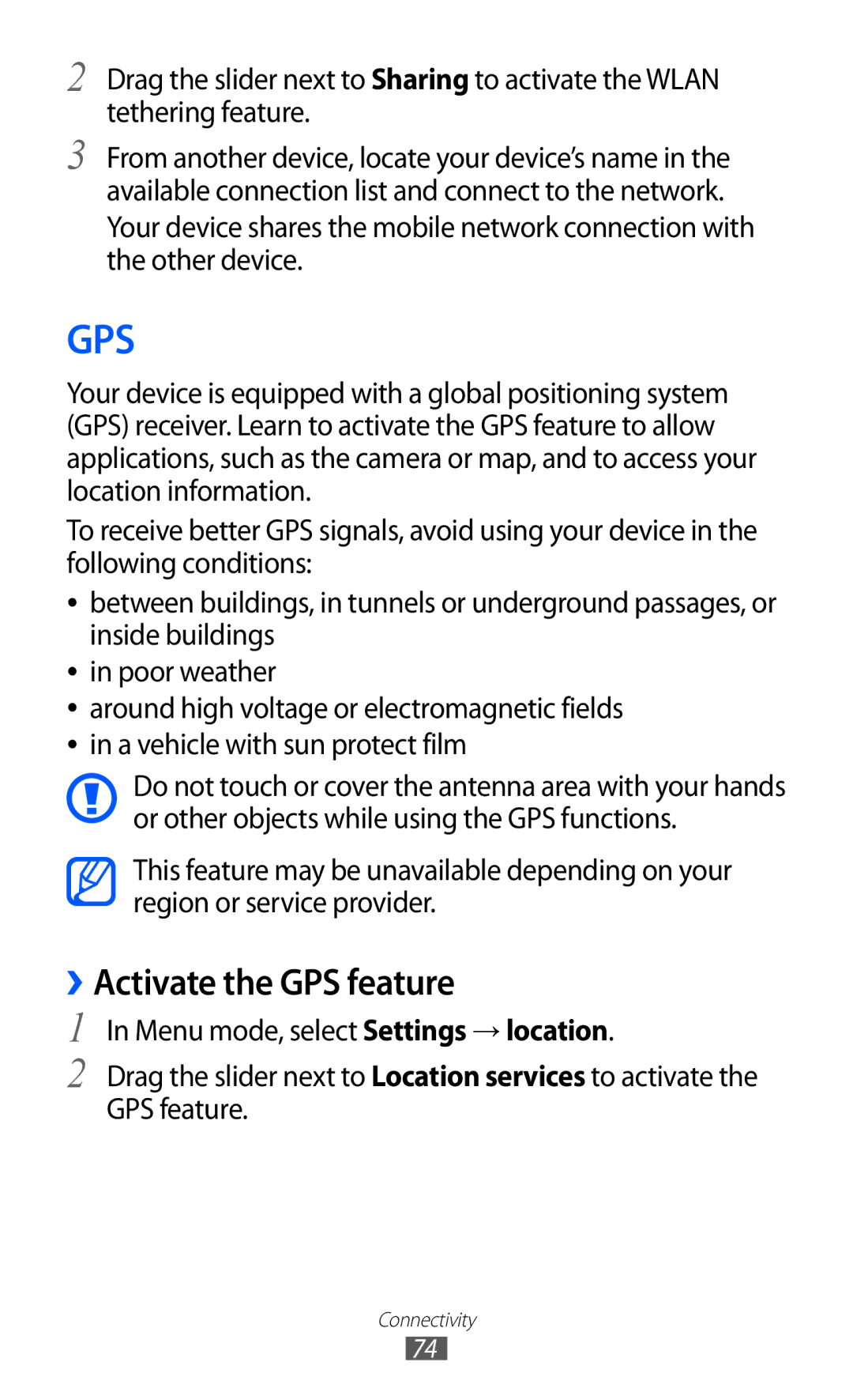 Samsung GT-S7530EAAMTS, GT-S7530EAAO2C, GT-S7530EAAXEZ, GT-S7530EAAPAN, GT-S7530EAASER manual Gps, ››Activate the GPS feature 