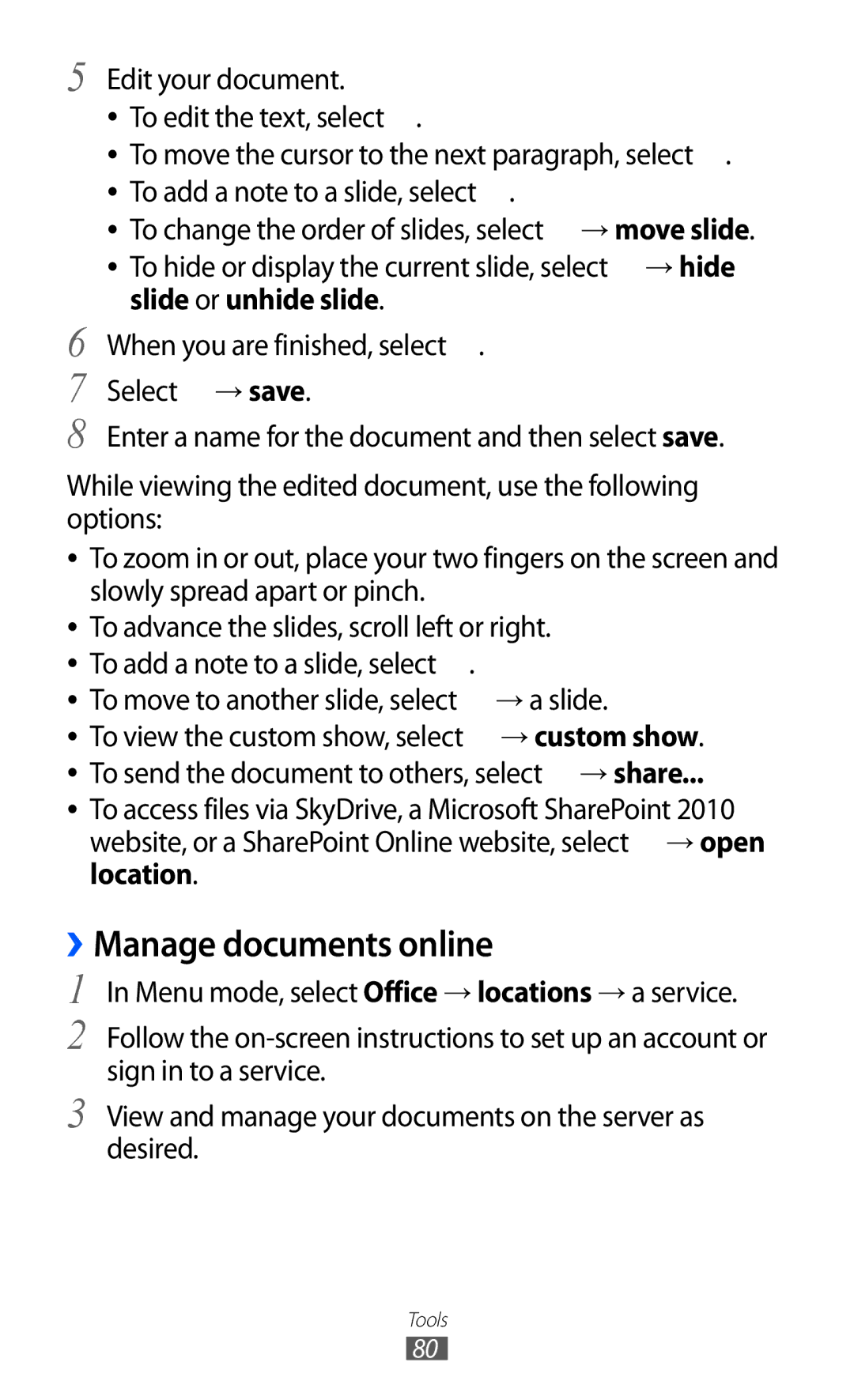 Samsung GT-S7530EAAO2C, GT-S7530EAAXEZ manual ››Manage documents online, To move to another slide, select → a slide 