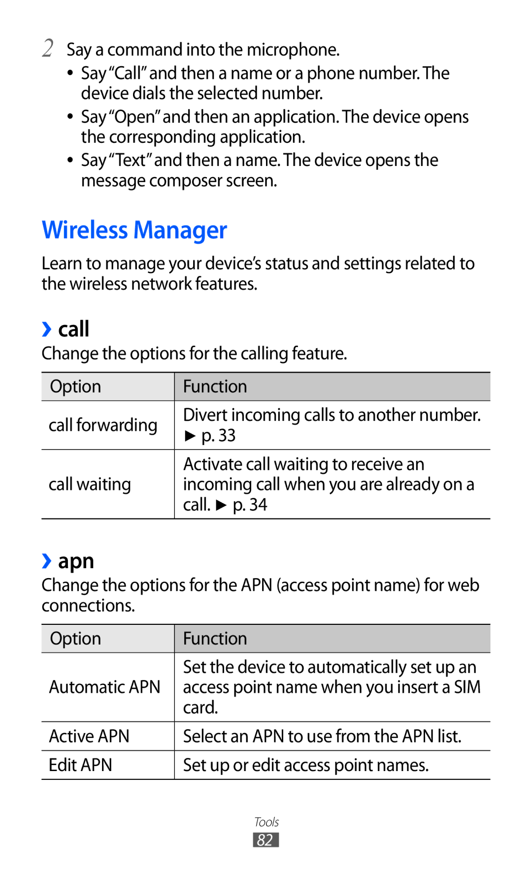 Samsung GT-S7530EAAPAN, GT-S7530EAAO2C, GT-S7530EAAXEZ, GT-S7530EAASER, GT-S7530EAAMTS manual Wireless Manager, ››call, ››apn 