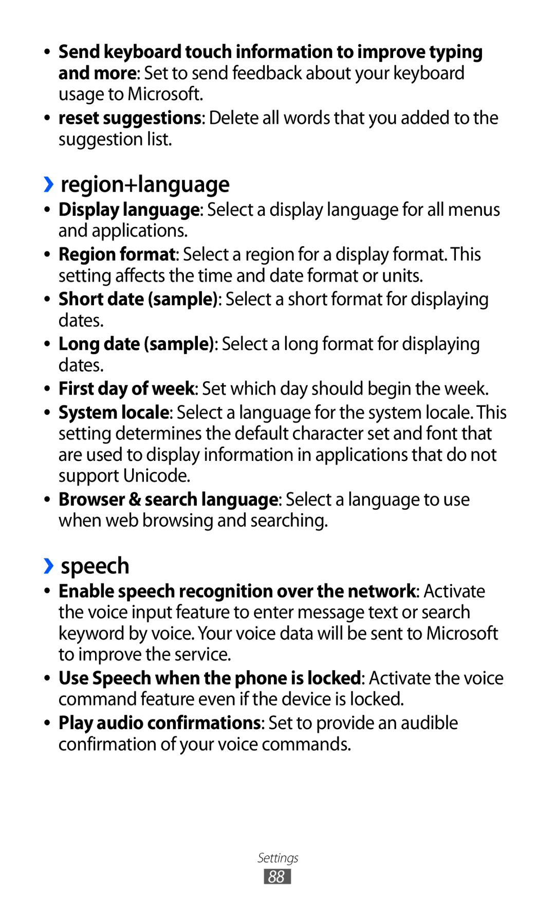 Samsung GT-S7530EAASER, GT-S7530EAAO2C, GT-S7530EAAXEZ, GT-S7530EAAPAN, GT-S7530EAAMTS manual ››region+language, ››speech 