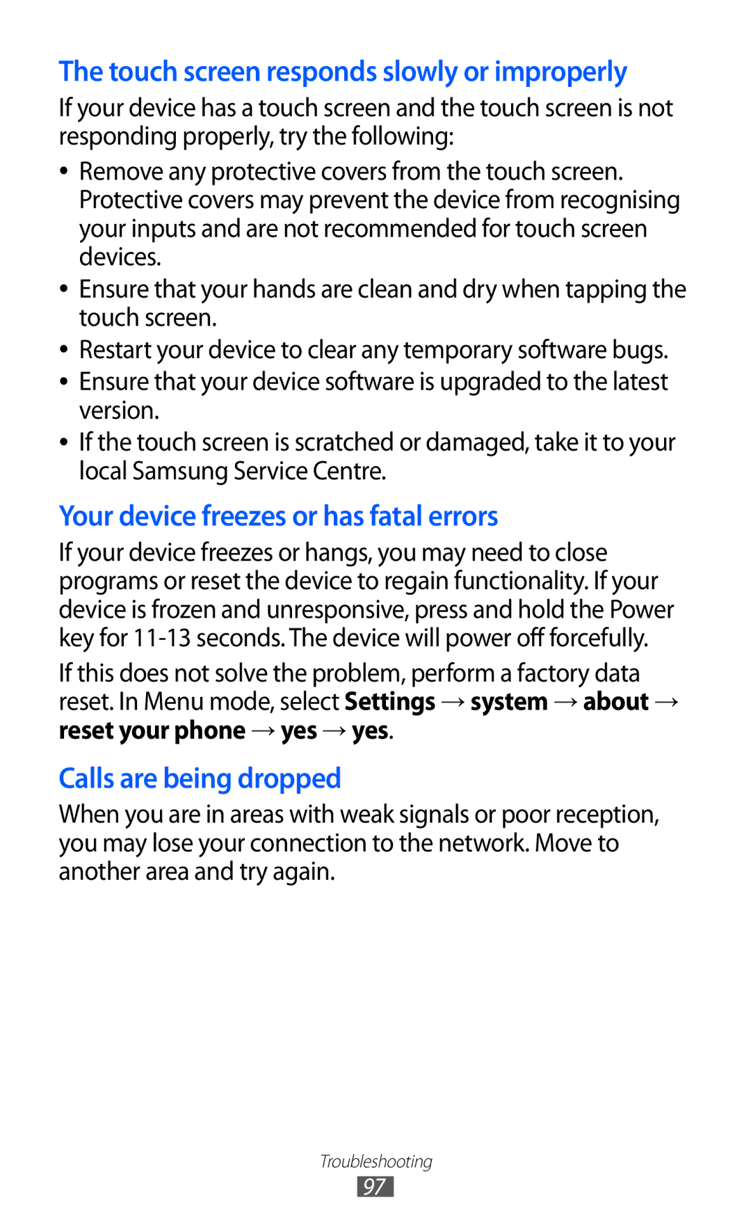 Samsung GT-S7530EAAPAN, GT-S7530EAAO2C, GT-S7530EAAXEZ, GT-S7530EAASER manual Your device freezes or has fatal errors 