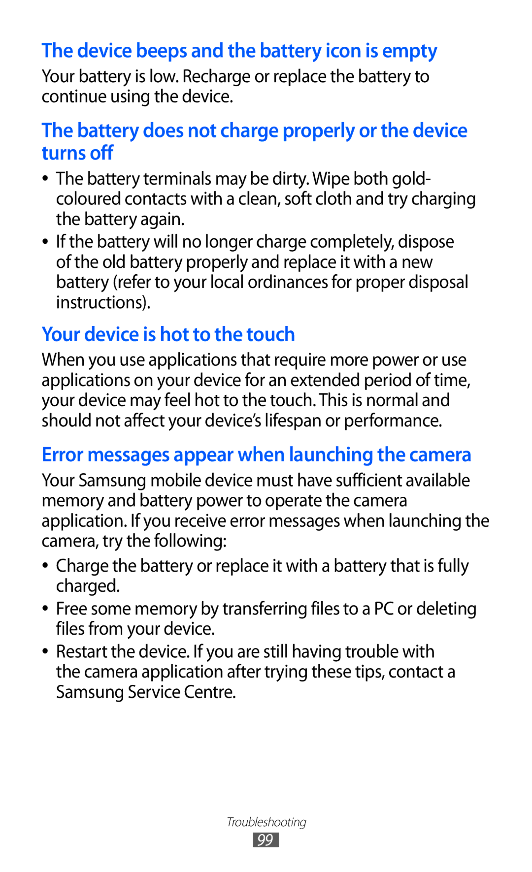 Samsung GT-S7530EAAMTS, GT-S7530EAAO2C, GT-S7530EAAXEZ, GT-S7530EAAPAN manual Device beeps and the battery icon is empty 