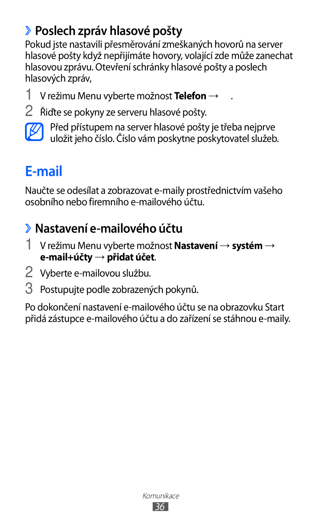 Samsung GT-S7530EAAO2C manual ››Poslech zpráv hlasové pošty, ››Nastavení e-mailového účtu, Mail+účty → přidat účet 