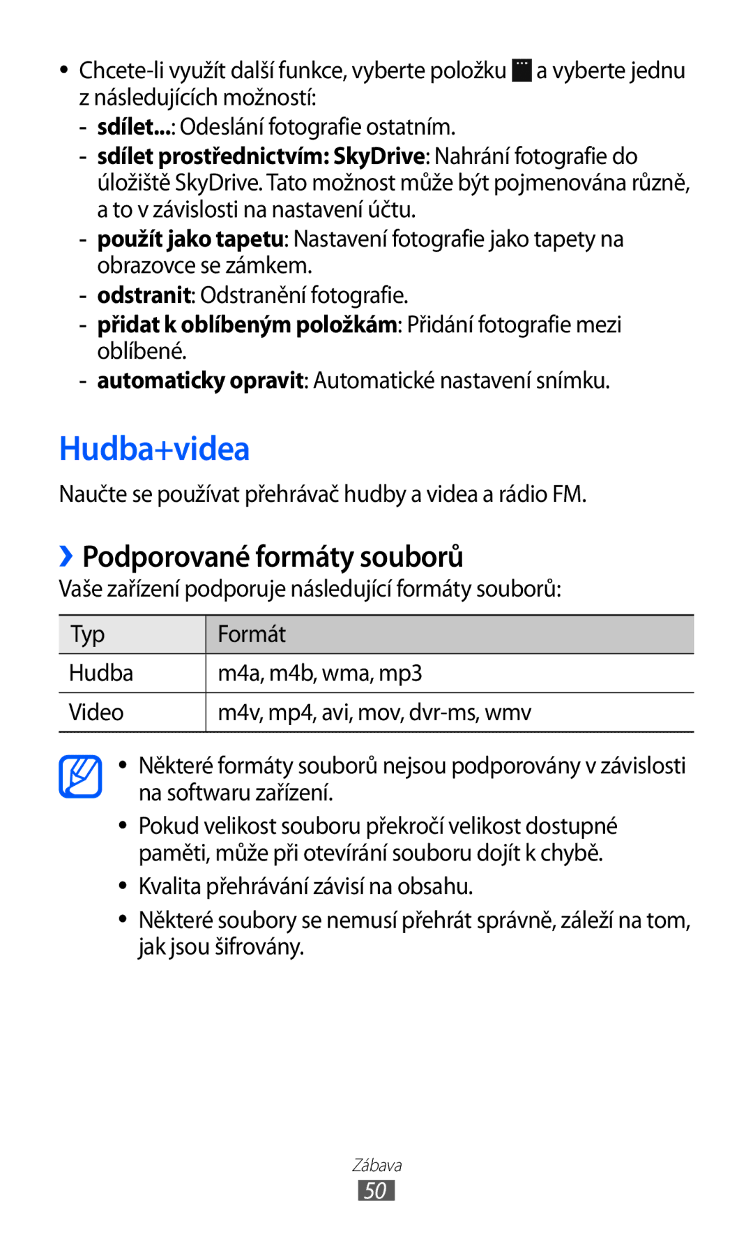 Samsung GT-S7530EAAO2C manual Hudba+videa, ››Podporované formáty souborů, Automaticky opravit Automatické nastavení snímku 