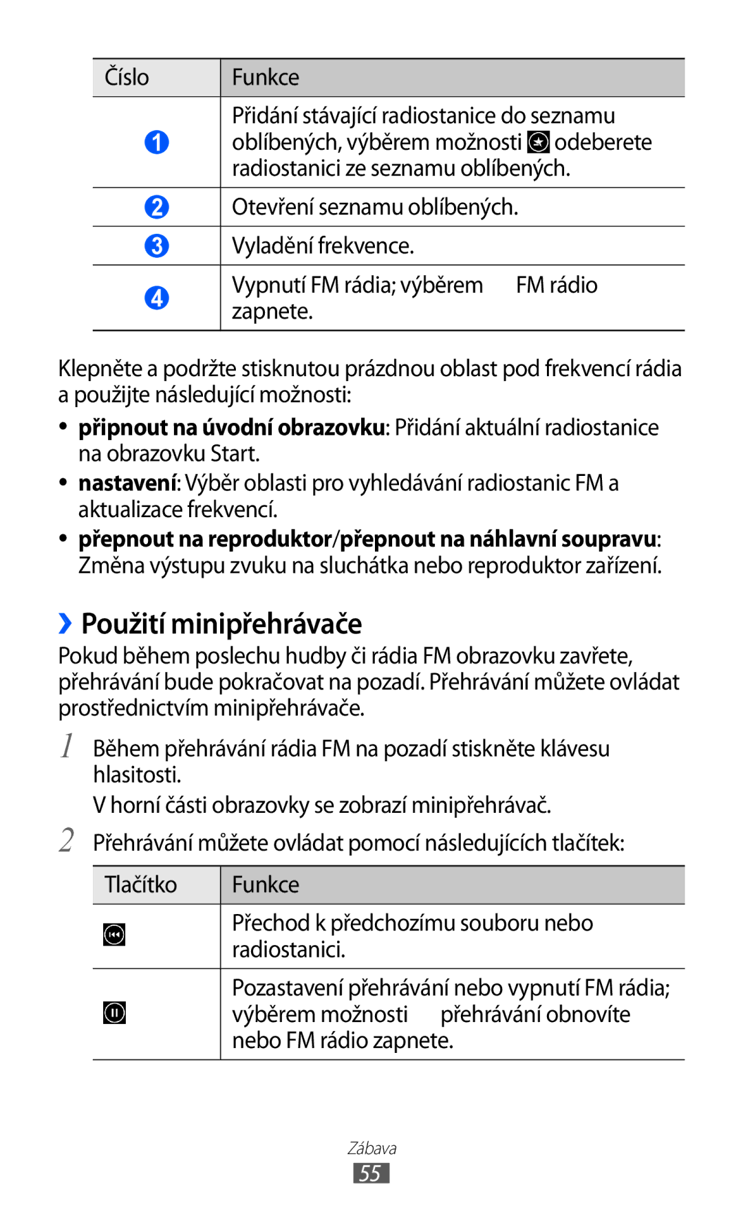 Samsung GT-S7530EAAXEZ, GT-S7530EAAO2C ››Použití minipřehrávače, Číslo Funkce Přidání stávající radiostanice do seznamu 