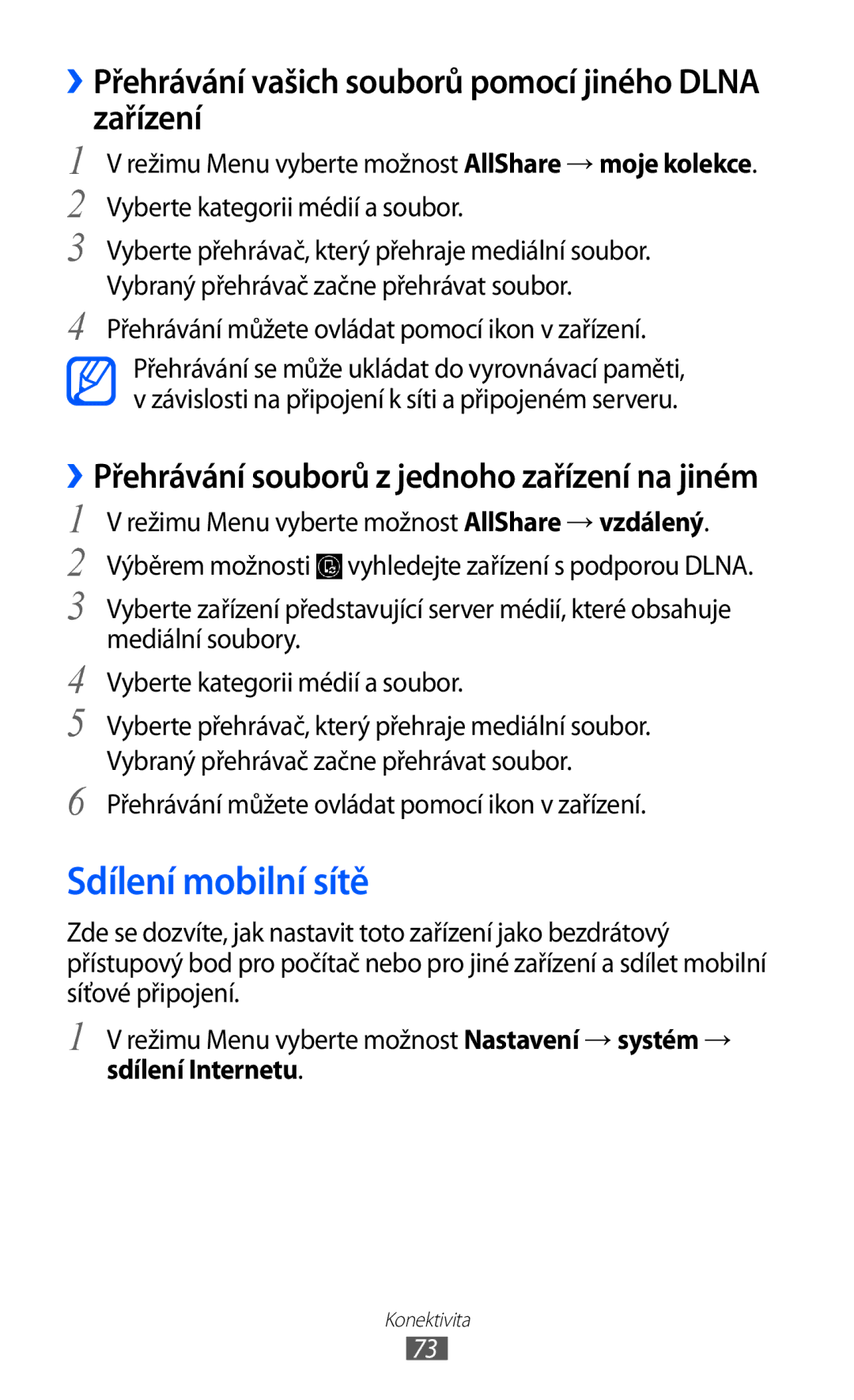 Samsung GT-S7530EAAXEZ Sdílení mobilní sítě, ››Přehrávání vašich souborů pomocí jiného Dlna zařízení, Sdílení Internetu 