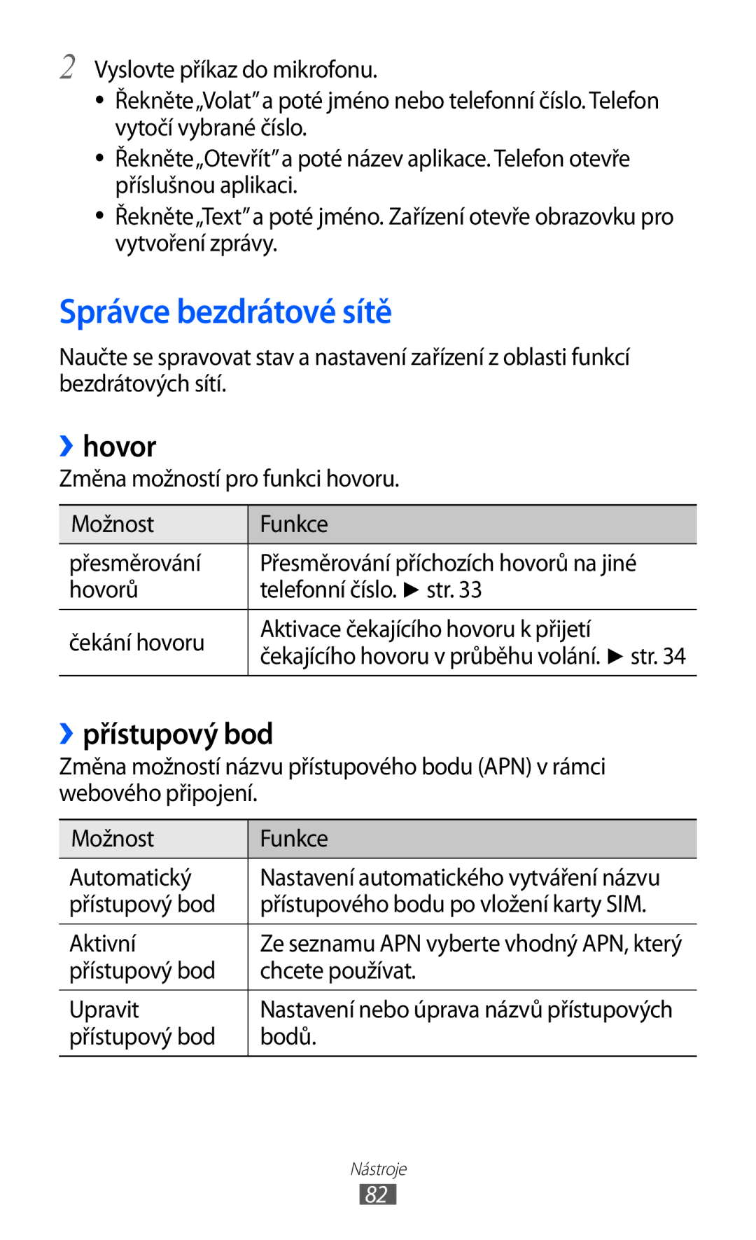 Samsung GT-S7530EAAO2C manual Správce bezdrátové sítě, ››hovor, ››přístupový bod, Přístupový bod Chcete používat Upravit 