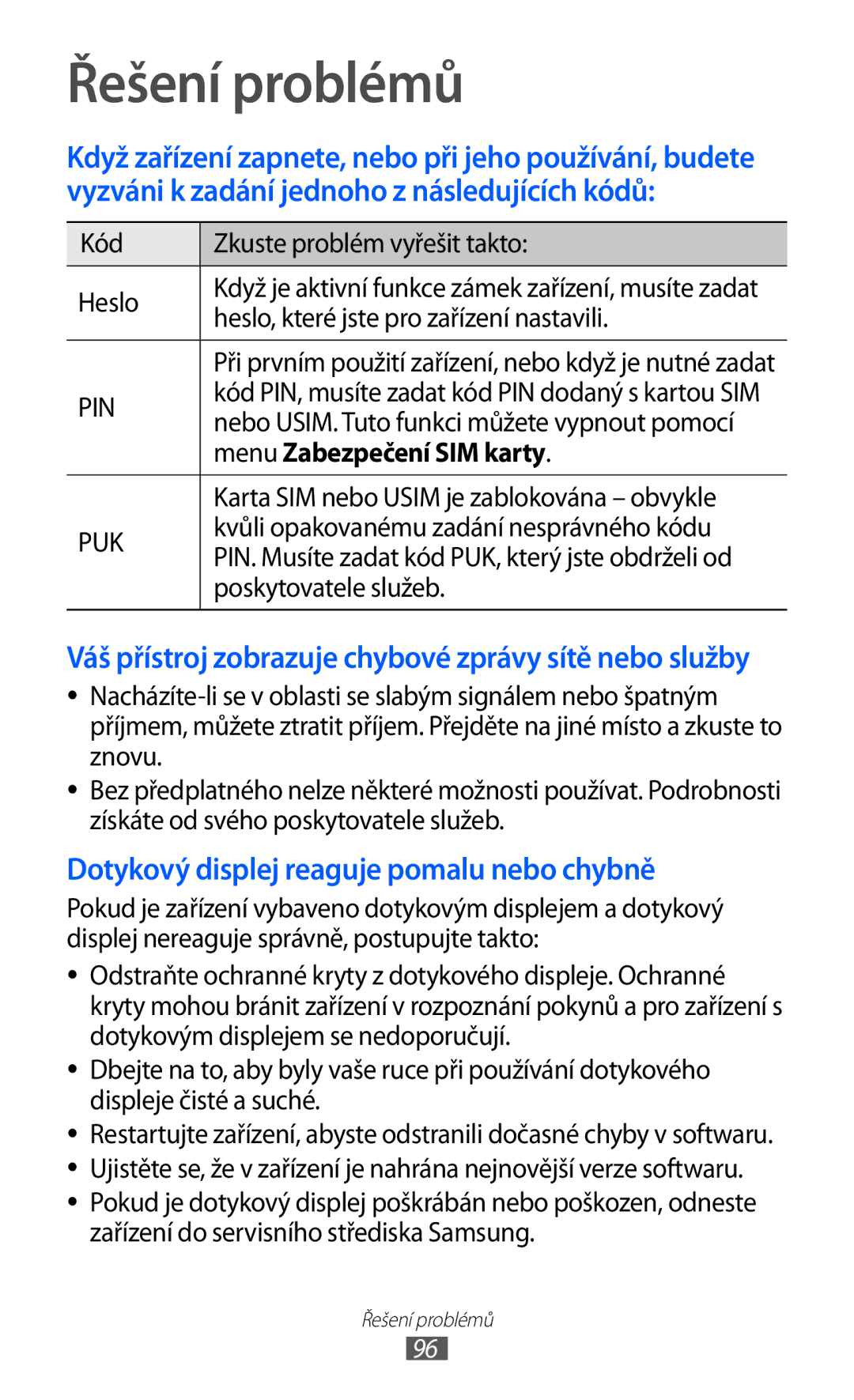 Samsung GT-S7530EAAO2C, GT-S7530EAAXEZ manual Řešení problémů, Menu Zabezpečení SIM karty 