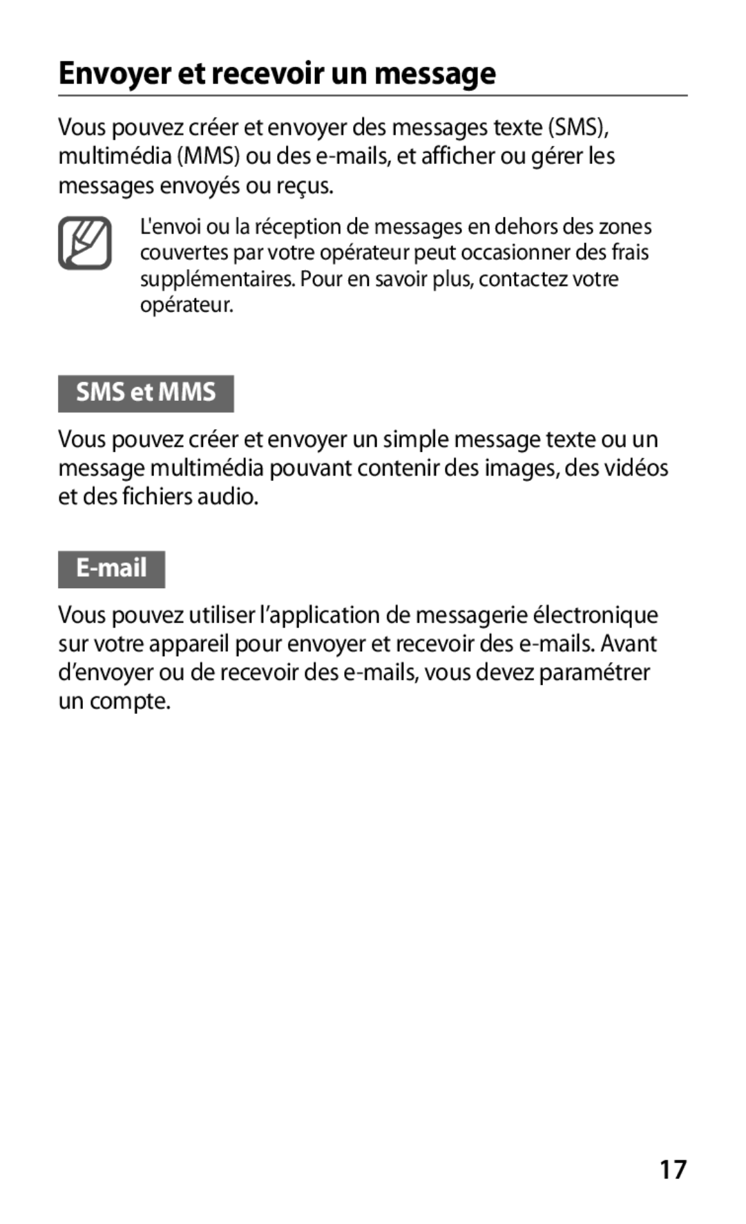 Samsung GT-S7530EAAXEF manual Envoyer et recevoir un message, SMS et MMS, Mail 