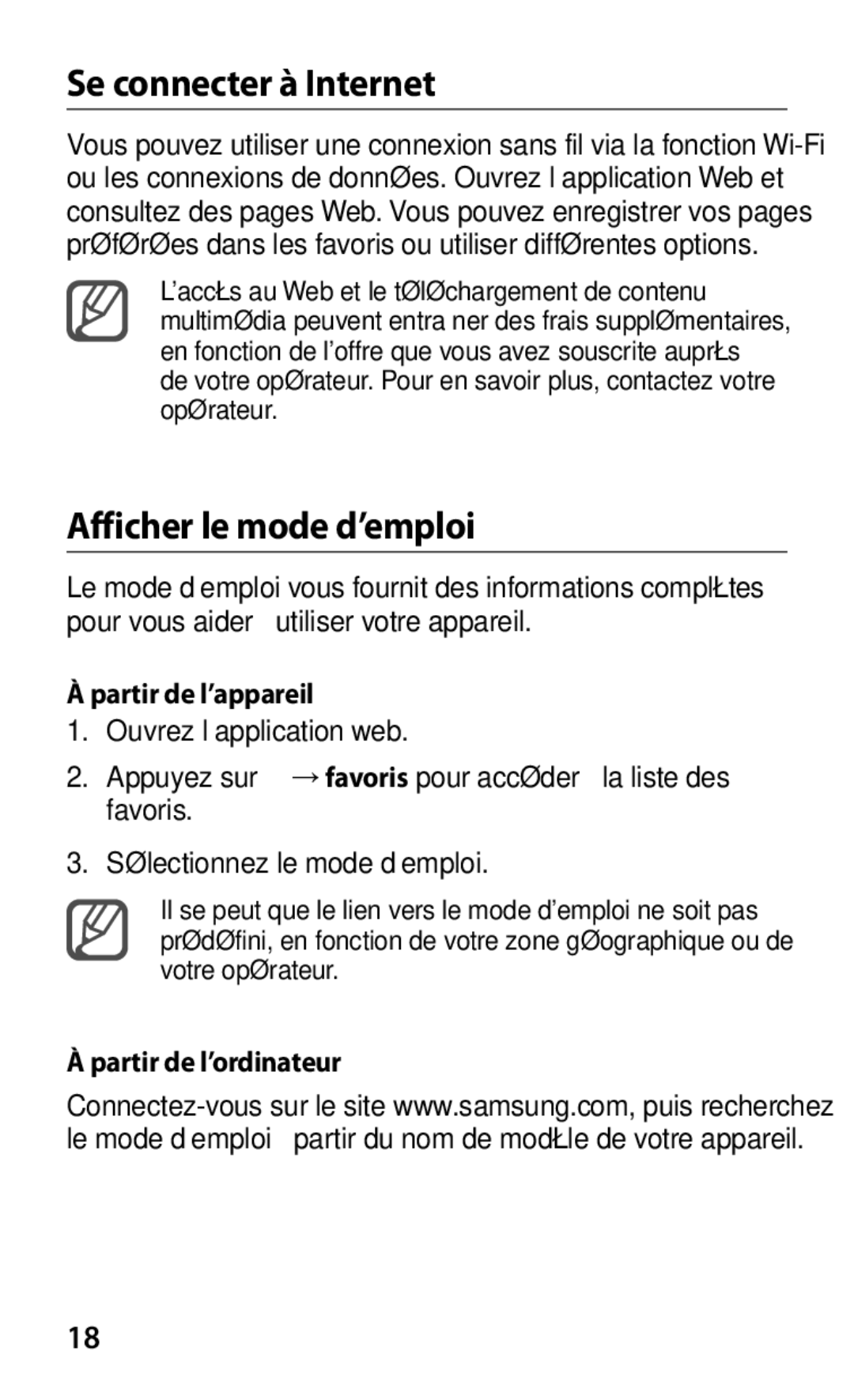Samsung GT-S7530EAAXEF Se connecter à Internet, Afficher le mode d’emploi, Partir de l’appareil, Partir de l’ordinateur 