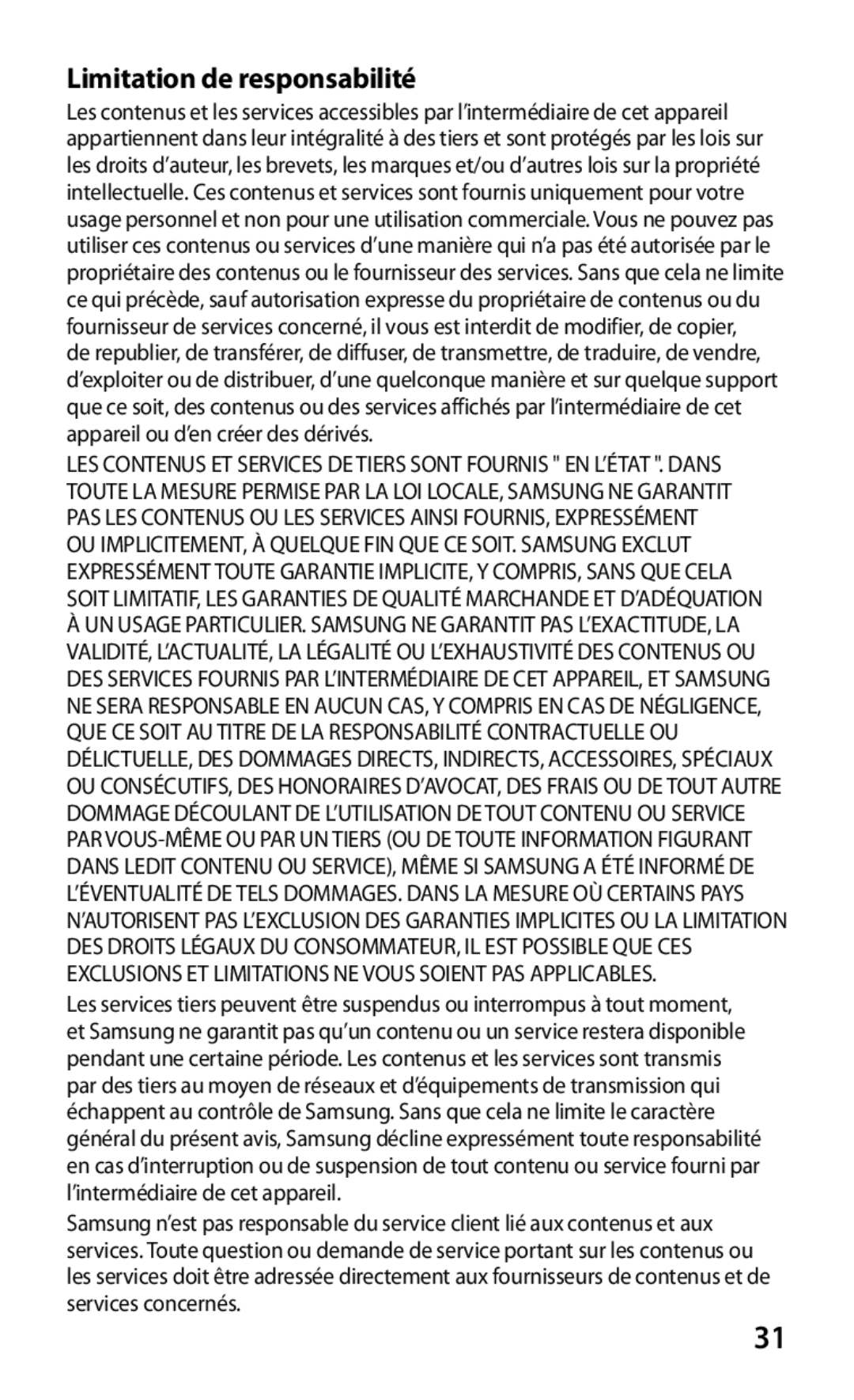 Samsung GT-S7530EAAXEF manual Limitation de responsabilité 