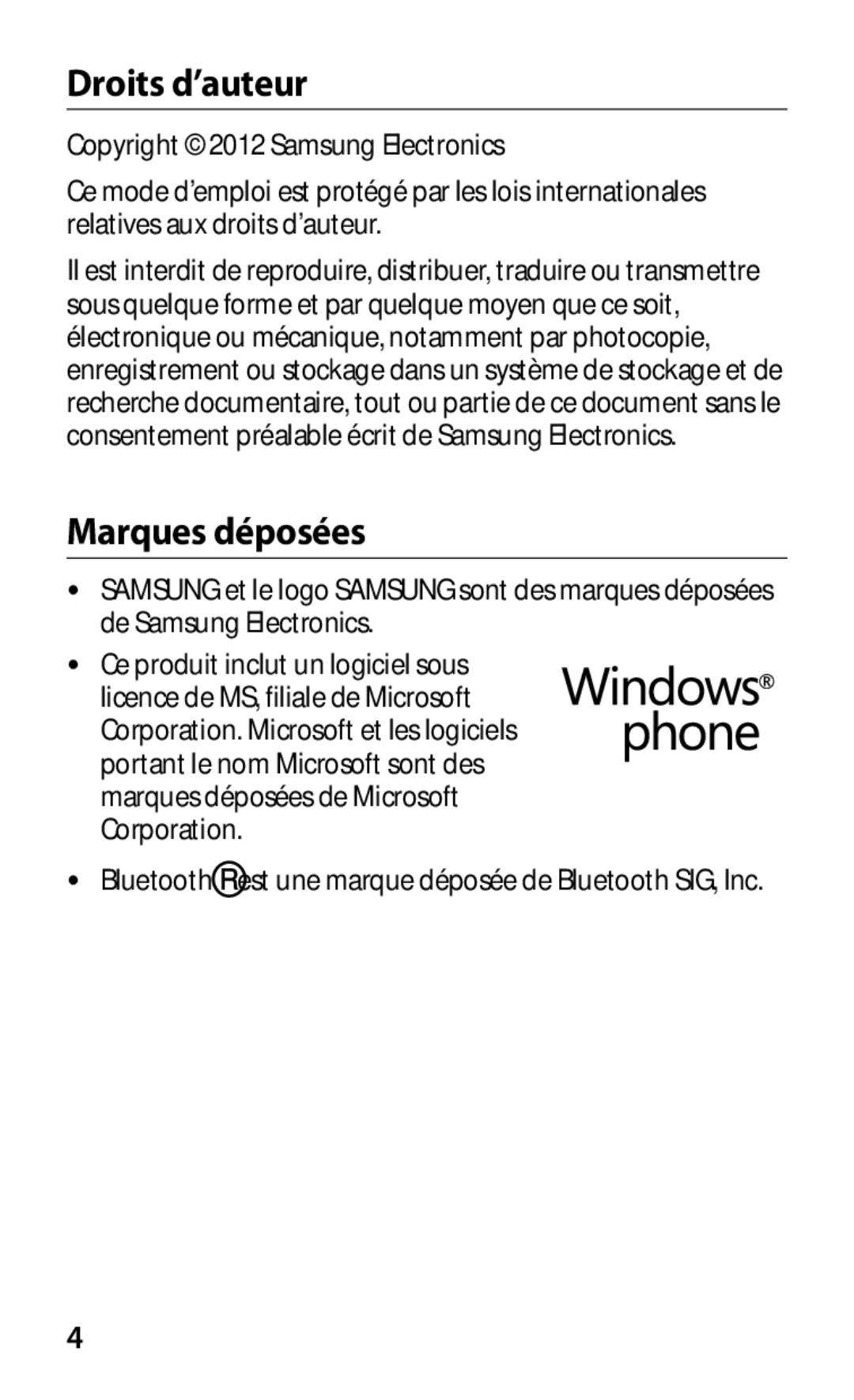 Samsung GT-S7530EAAXEF manual Droits d’auteur, Marques déposées 