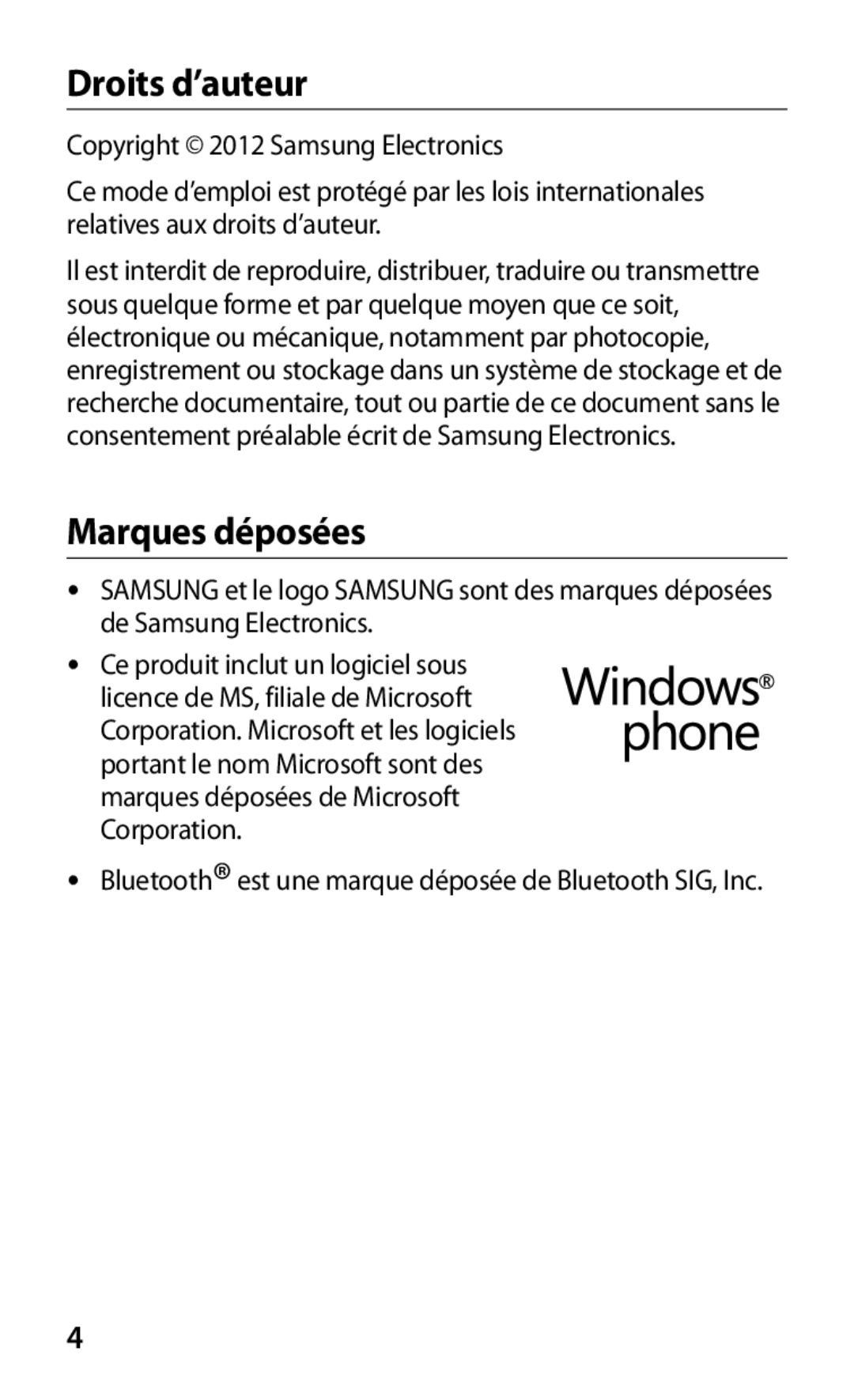 Samsung GT-S7530EAAXEF manual Droits d’auteur, Marques déposées 