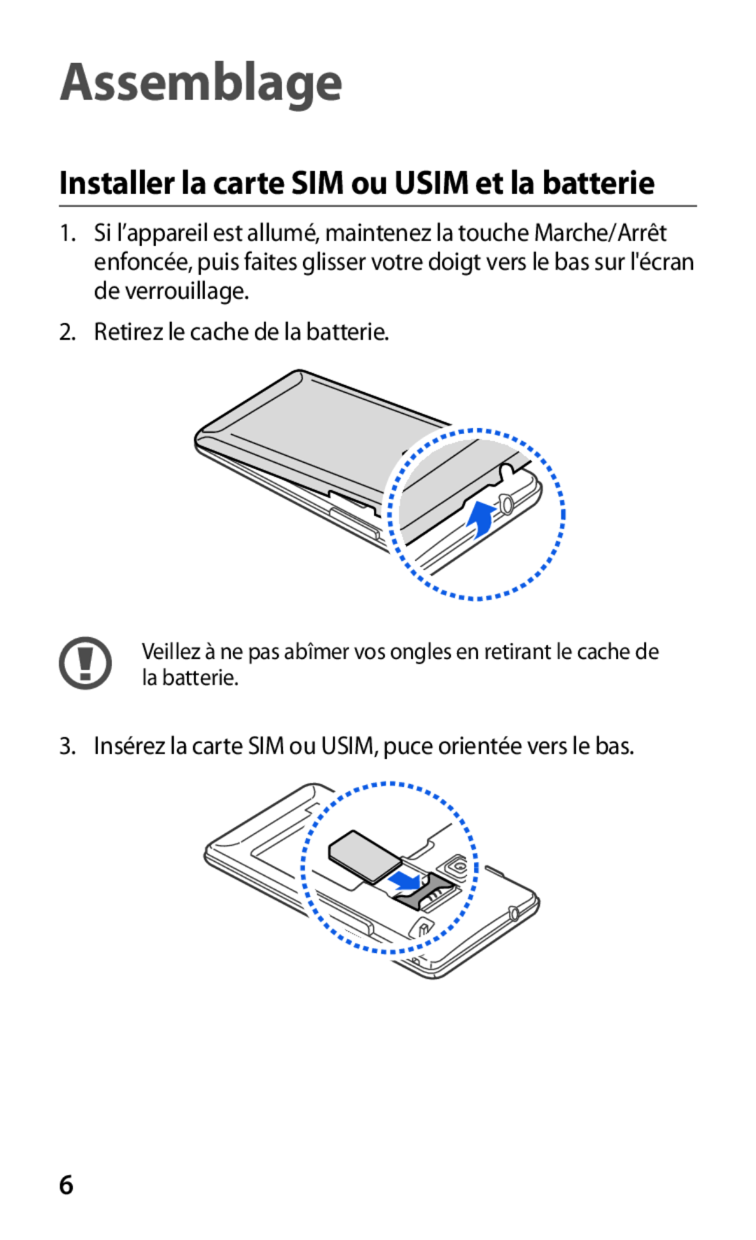 Samsung GT-S7530EAAXEF manual Assemblage, Installer la carte SIM ou USIM et la batterie 