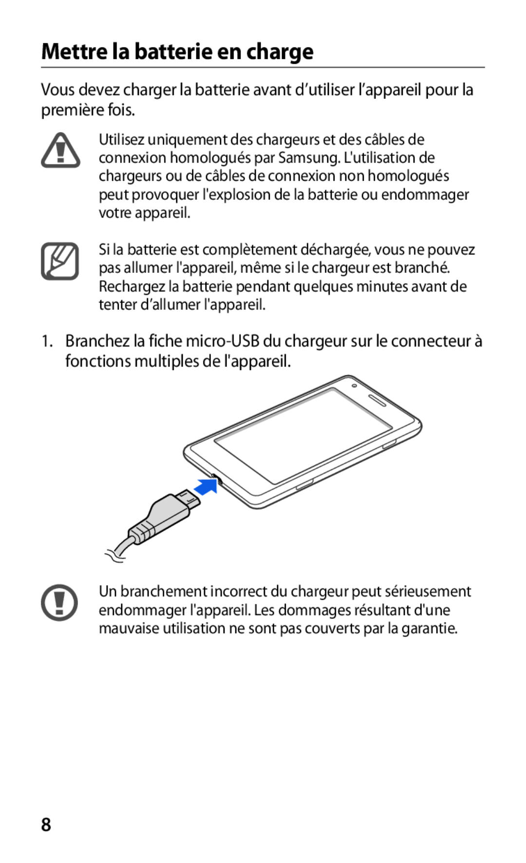 Samsung GT-S7530EAAXEF manual Mettre la batterie en charge 