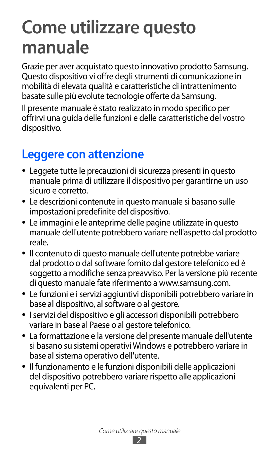 Samsung GT-S7530EAETIM, GT-S7530EAEITV Come utilizzare questo manuale, Leggere con attenzione 