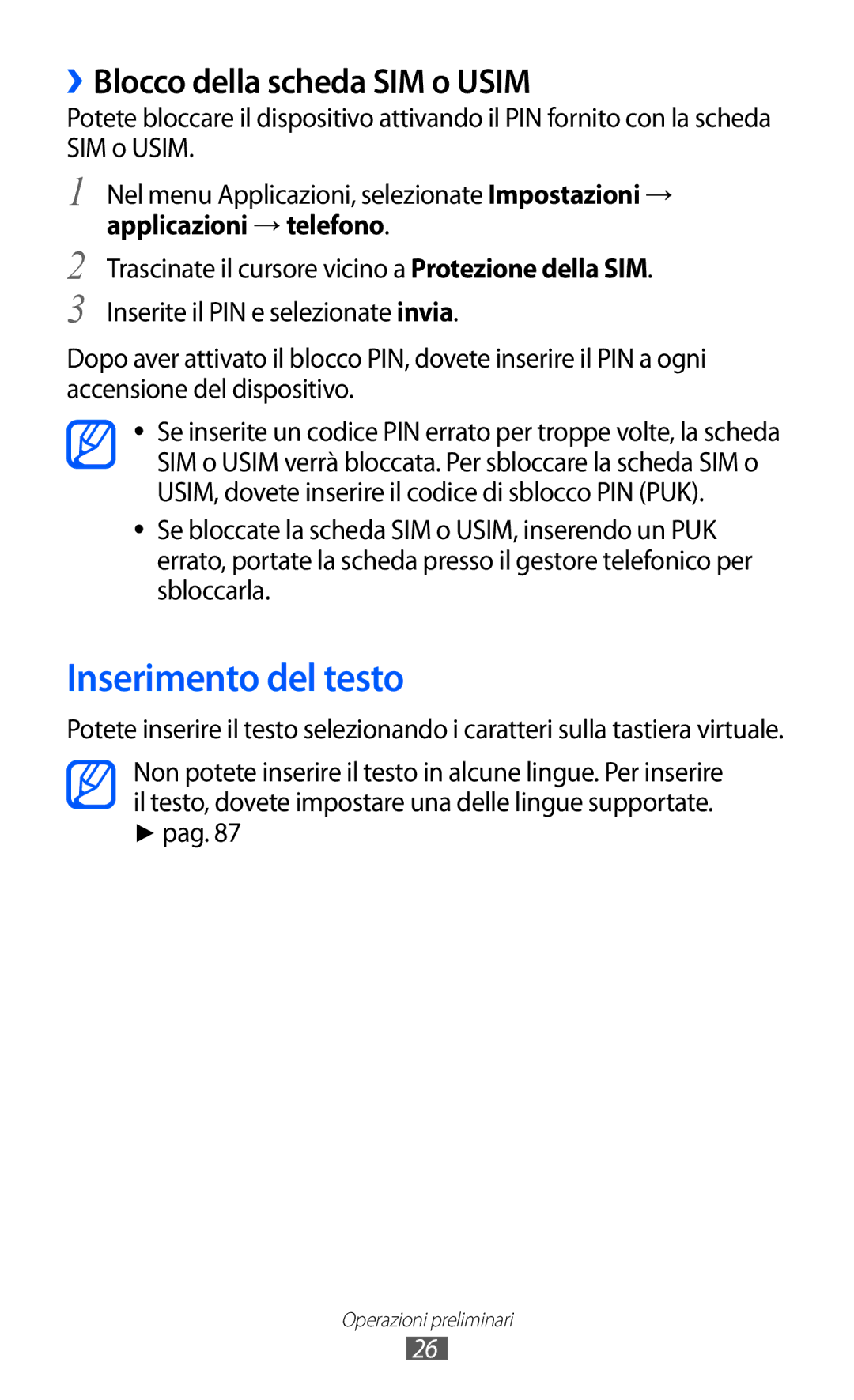 Samsung GT-S7530EAETIM manual Inserimento del testo, ››Blocco della scheda SIM o Usim, Applicazioni → telefono, Pag 