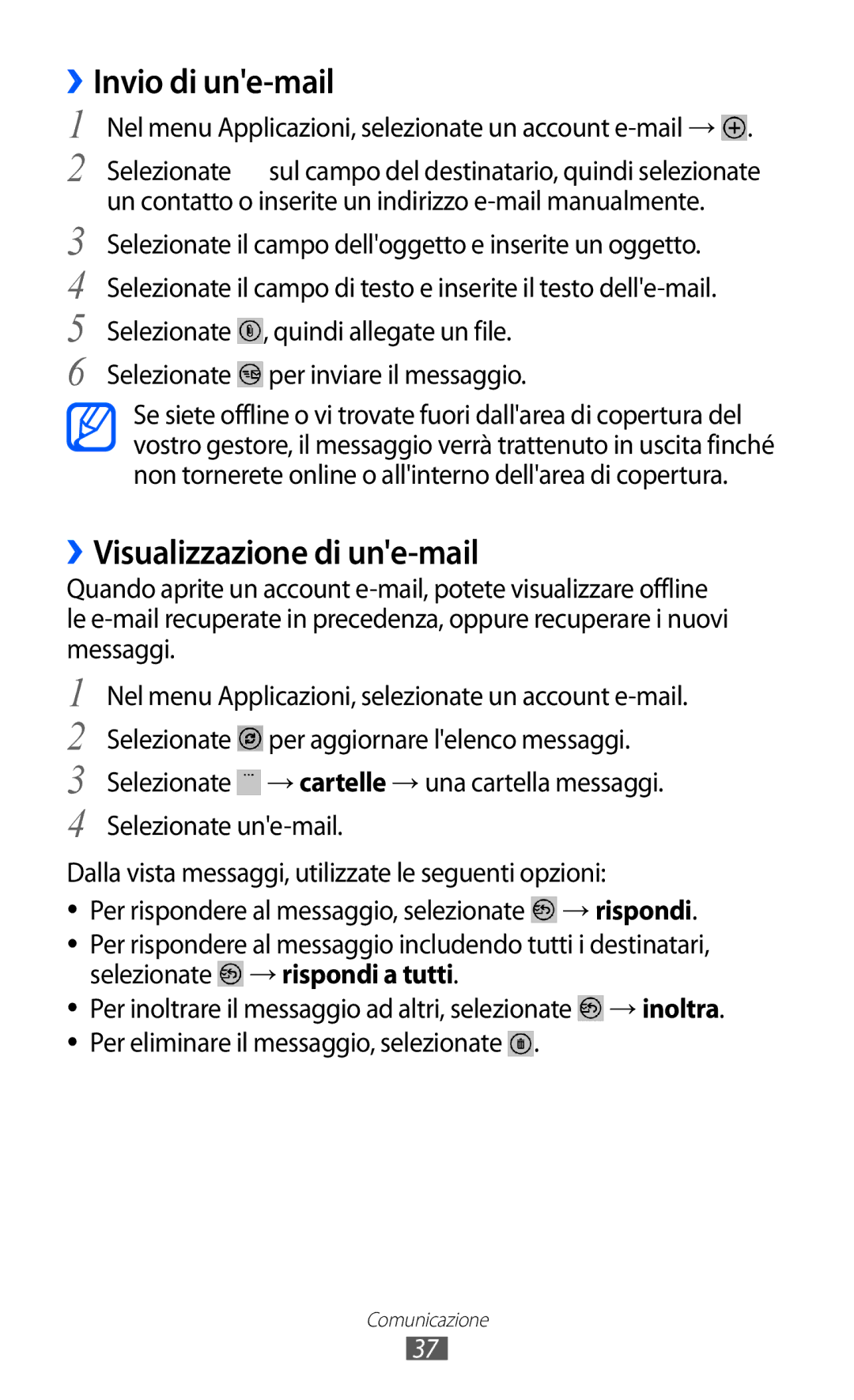 Samsung GT-S7530EAEITV, GT-S7530EAETIM manual ››Invio di une-mail, ››Visualizzazione di une-mail 