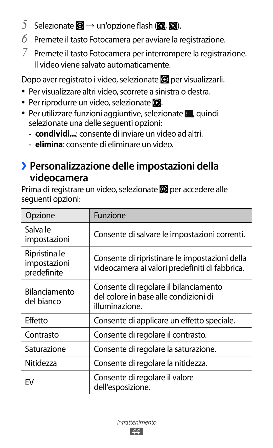 Samsung GT-S7530EAETIM, GT-S7530EAEITV manual ››Personalizzazione delle impostazioni della videocamera 