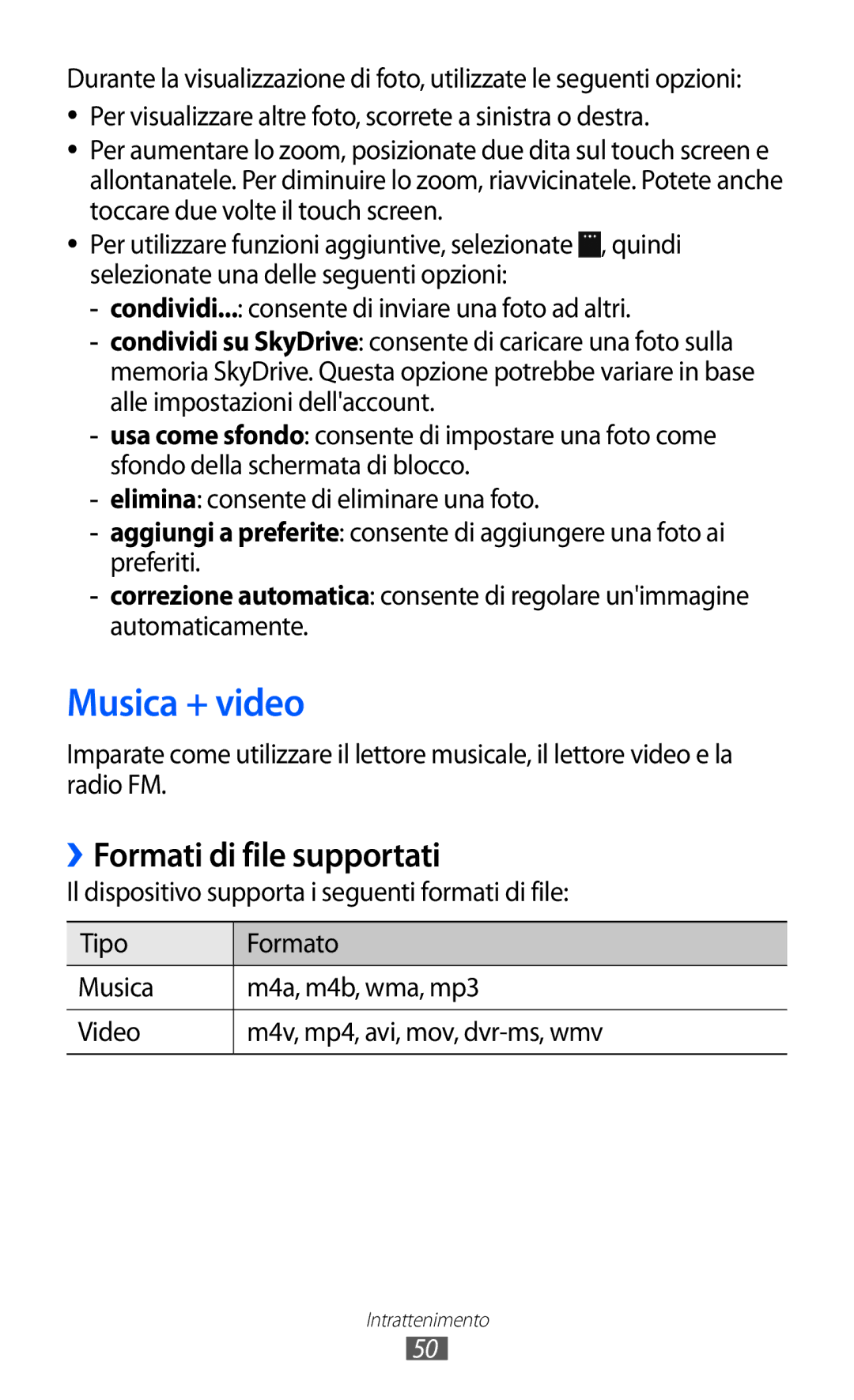 Samsung GT-S7530EAETIM, GT-S7530EAEITV manual Musica + video, ››Formati di file supportati 