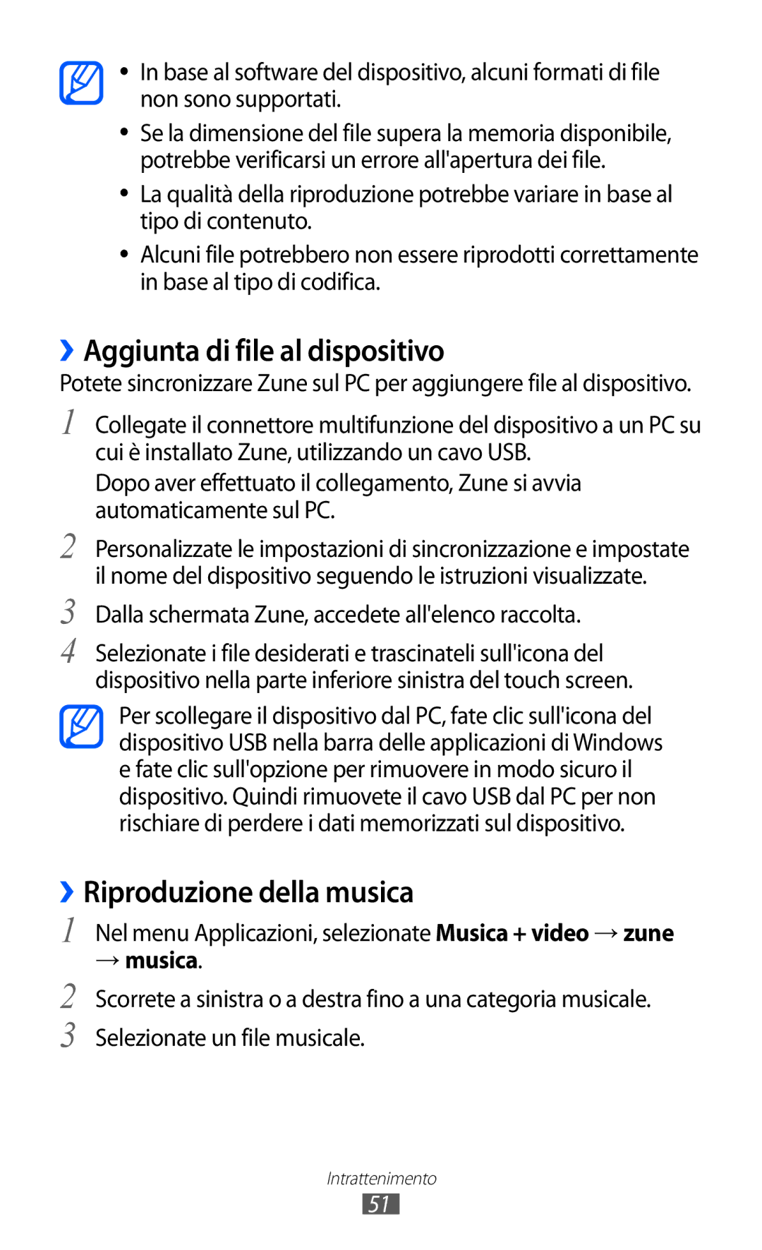 Samsung GT-S7530EAEITV, GT-S7530EAETIM manual ››Aggiunta di file al dispositivo, ››Riproduzione della musica 