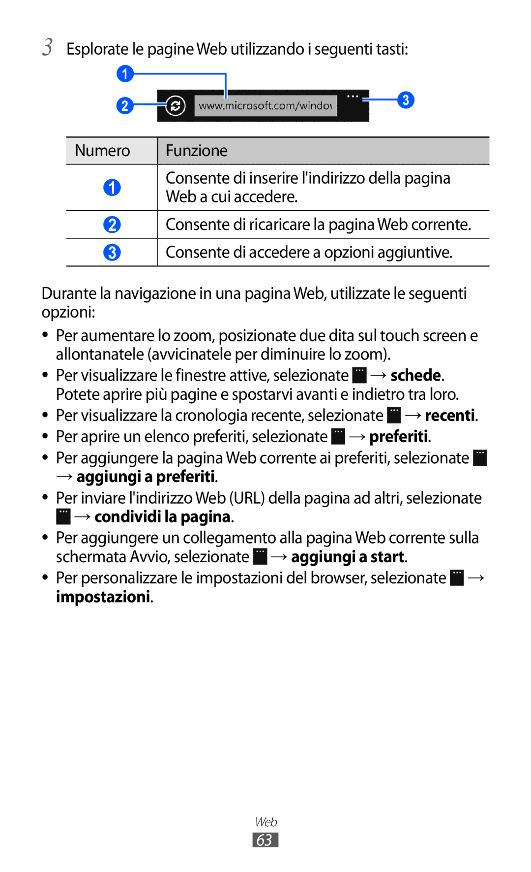 Samsung GT-S7530EAEITV, GT-S7530EAETIM manual → aggiungi a preferiti, → condividi la pagina 