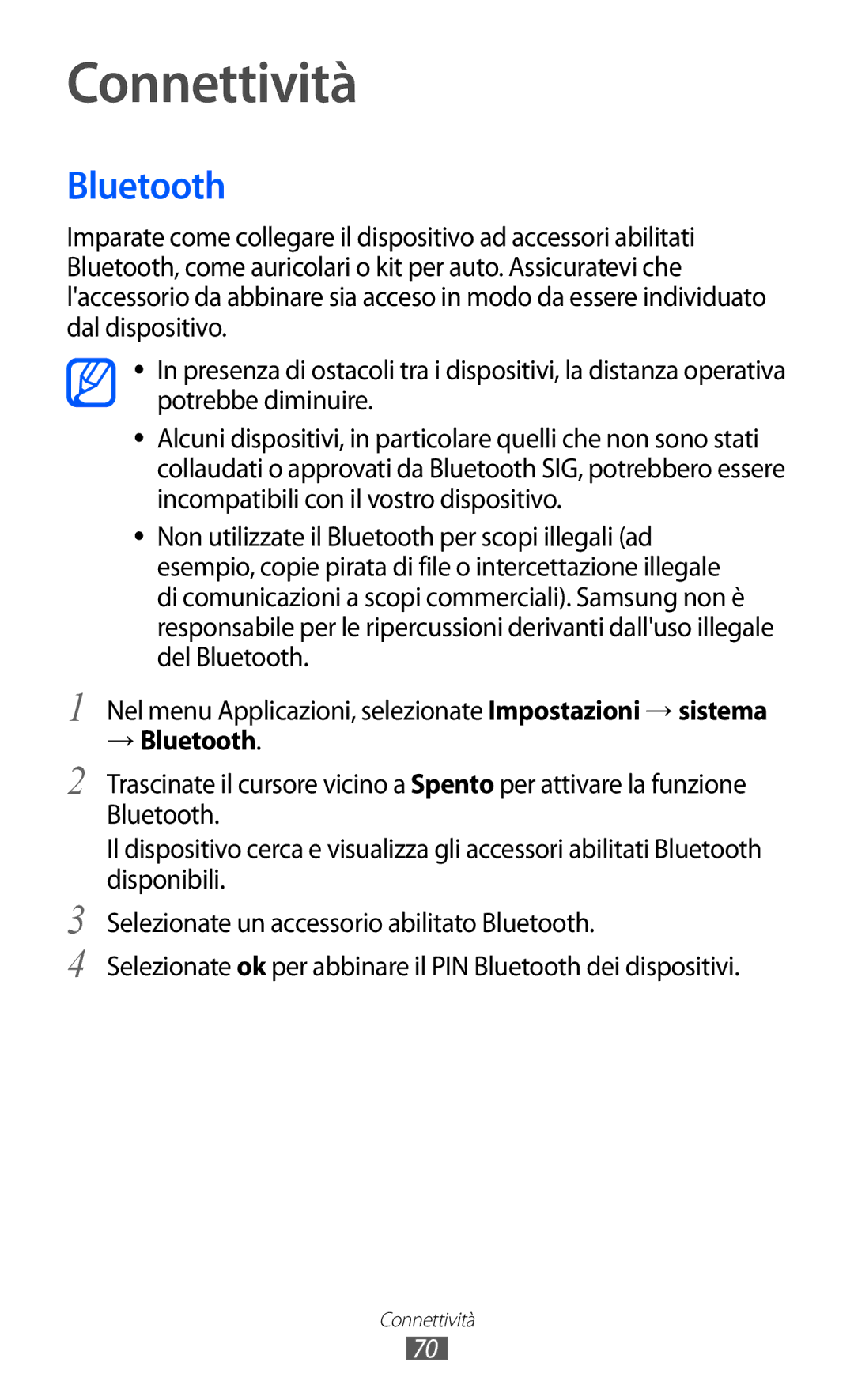 Samsung GT-S7530EAETIM, GT-S7530EAEITV manual Connettività, → Bluetooth 