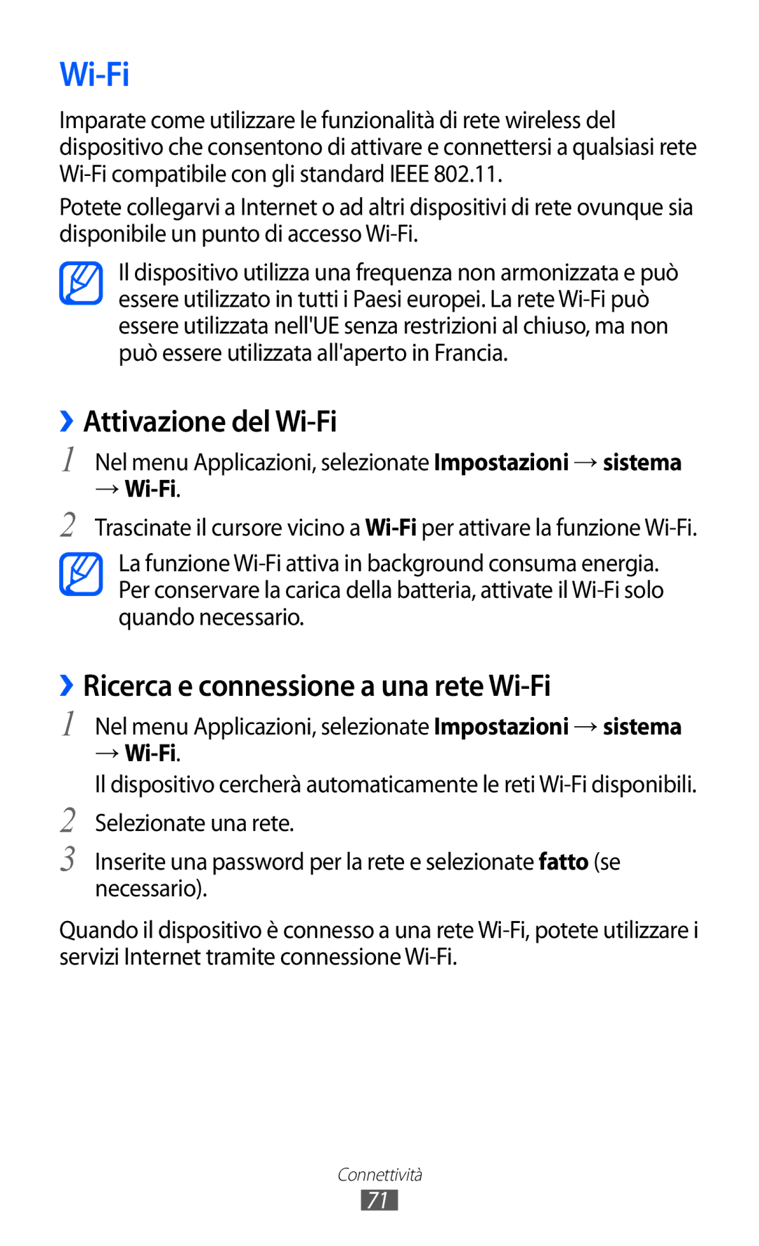 Samsung GT-S7530EAEITV, GT-S7530EAETIM manual ››Attivazione del Wi-Fi, ››Ricerca e connessione a una rete Wi-Fi, → Wi-Fi 