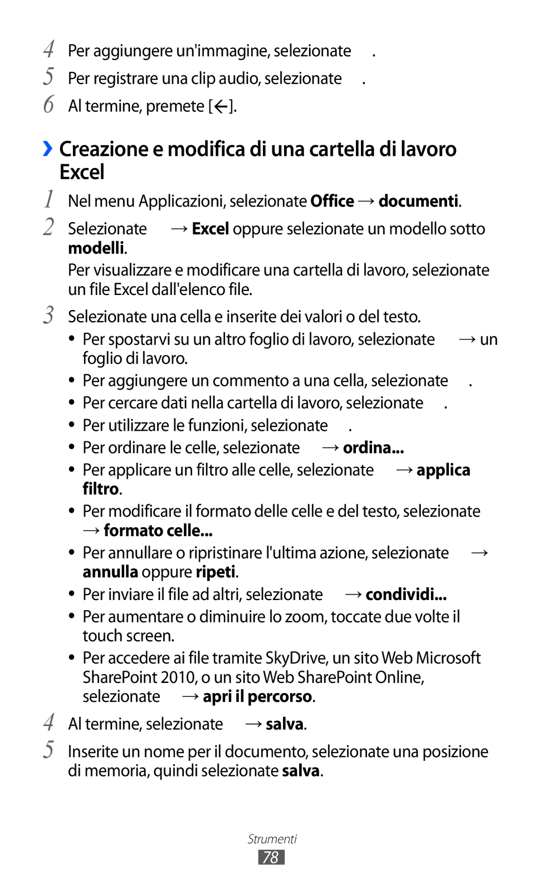 Samsung GT-S7530EAETIM, GT-S7530EAEITV manual ››Creazione e modifica di una cartella di lavoro Excel, → formato celle 