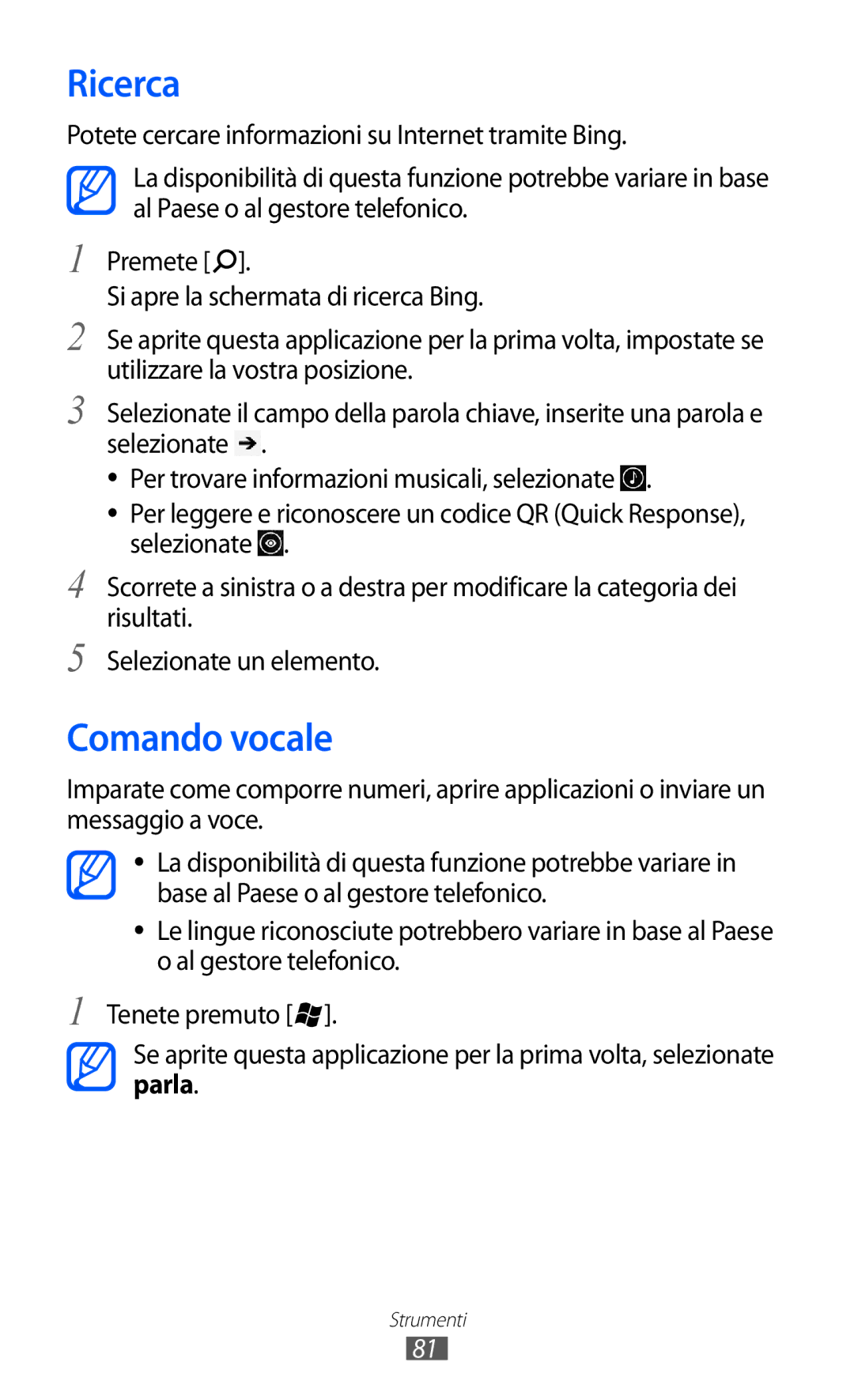 Samsung GT-S7530EAEITV, GT-S7530EAETIM manual Ricerca, Comando vocale 