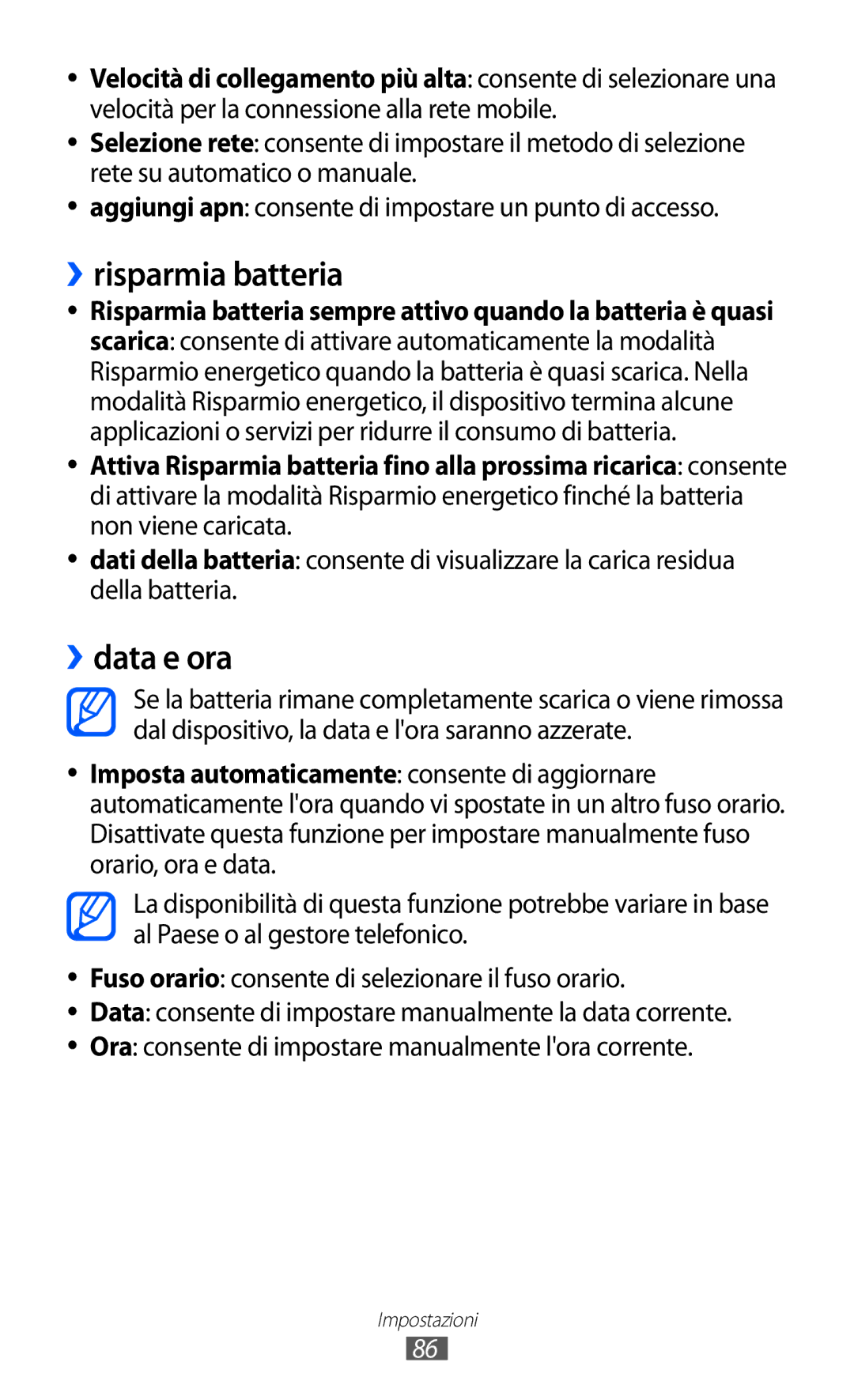 Samsung GT-S7530EAETIM, GT-S7530EAEITV manual ››risparmia batteria, ››data e ora 