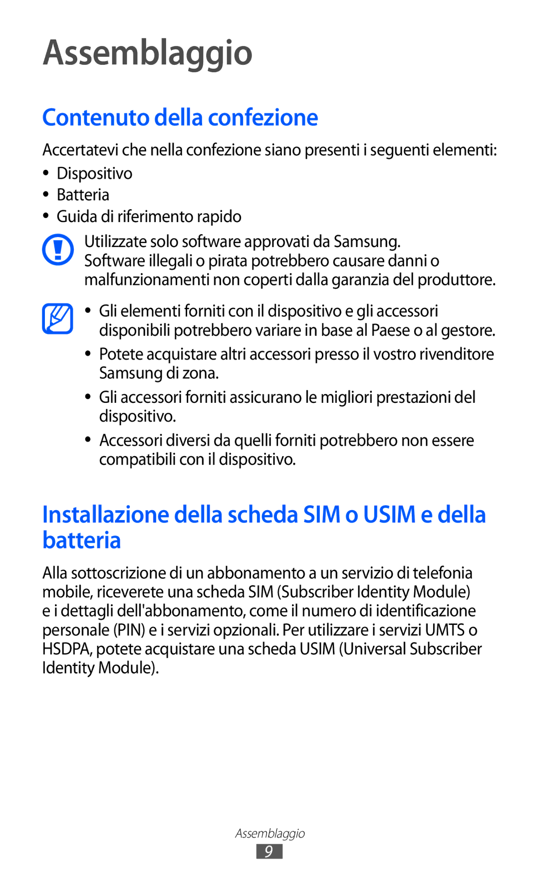 Samsung GT-S7530EAEITV Assemblaggio, Contenuto della confezione, Installazione della scheda SIM o Usim e della batteria 