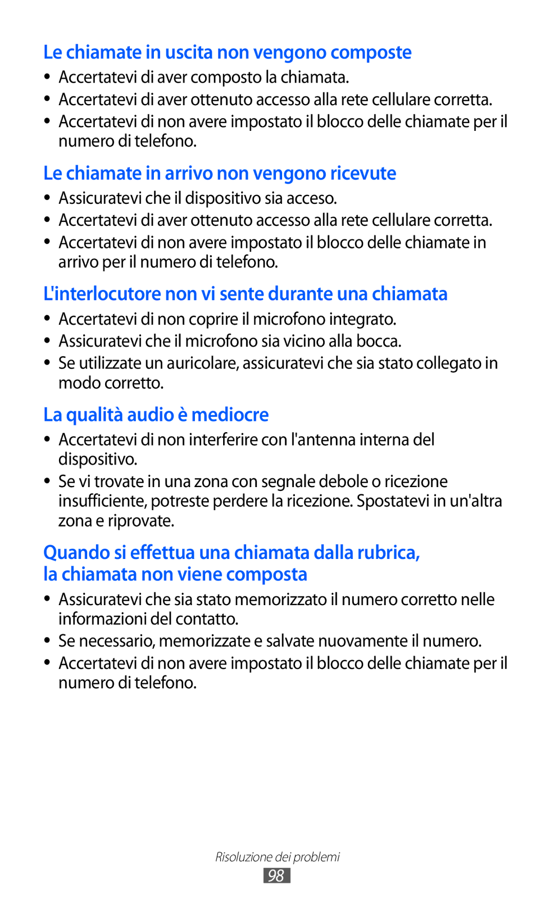 Samsung GT-S7530EAETIM, GT-S7530EAEITV manual Le chiamate in uscita non vengono composte 