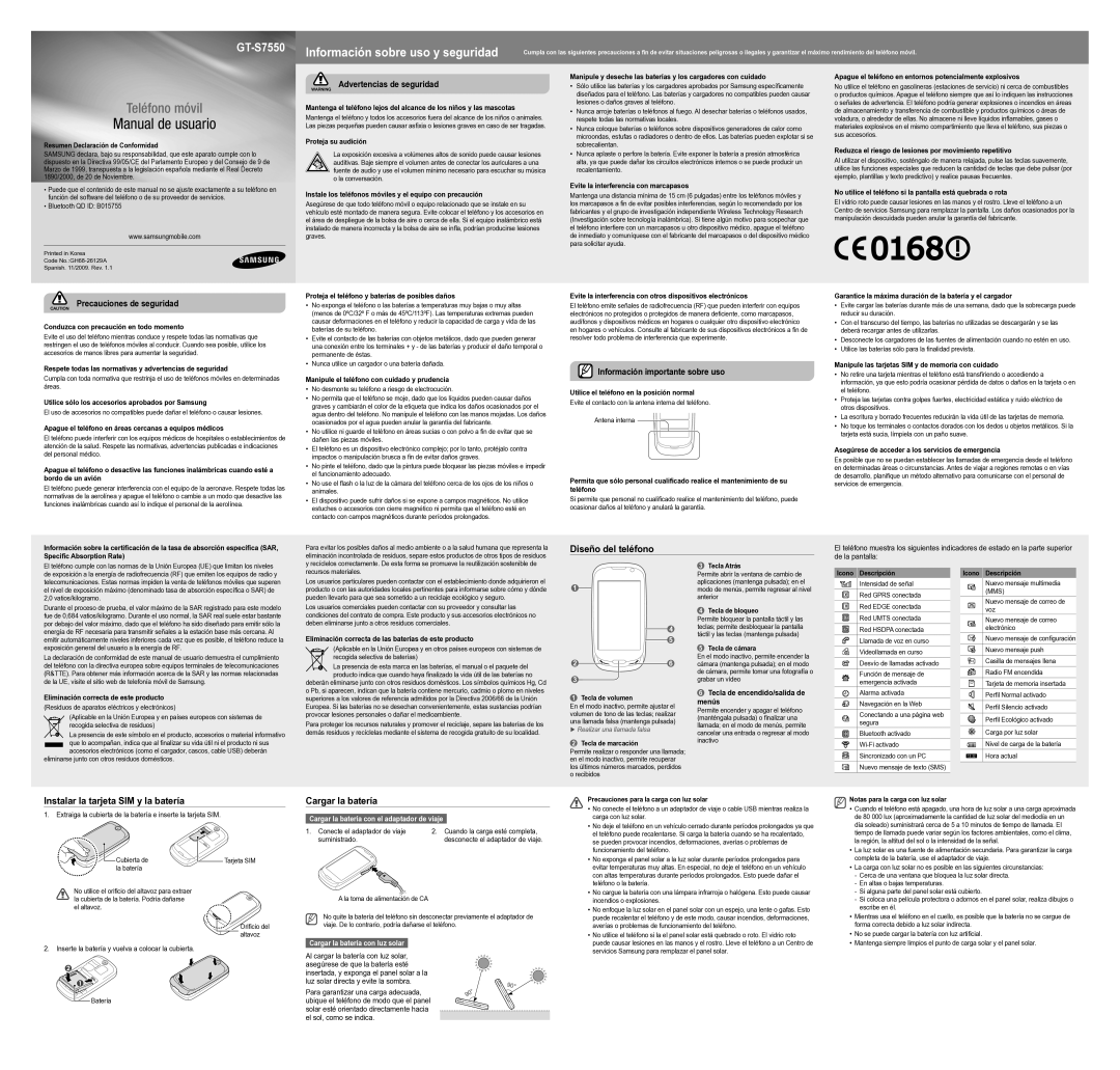 Samsung GT-S7550EBAATL manual Diseño del teléfono, Instalar la tarjeta SIM y la batería, Cargar la batería 