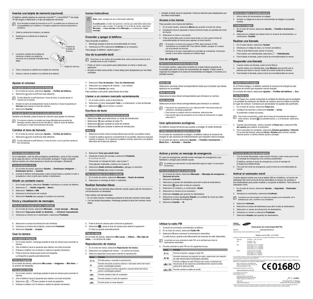 Samsung GT-S7550EBAATL manual Insertar una tarjeta de memoria opcional, Ajustar el volumen, Cambiar el tono de llamada 