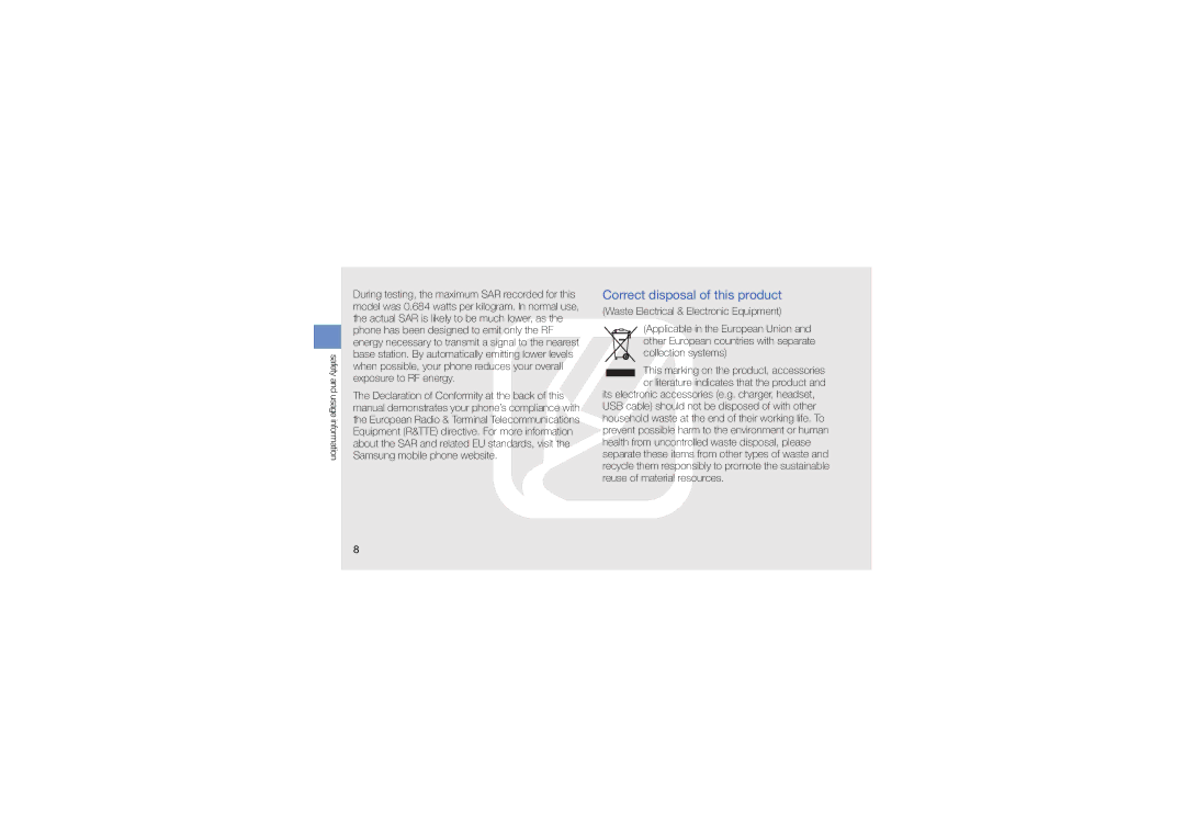 Samsung GT-S7550EBAVGR, GT-S7550EBAORC, GT-S7550EBASFR, GT-S7550EBAXEF, GT-S7550EBAVOM manual Correct disposal of this product 