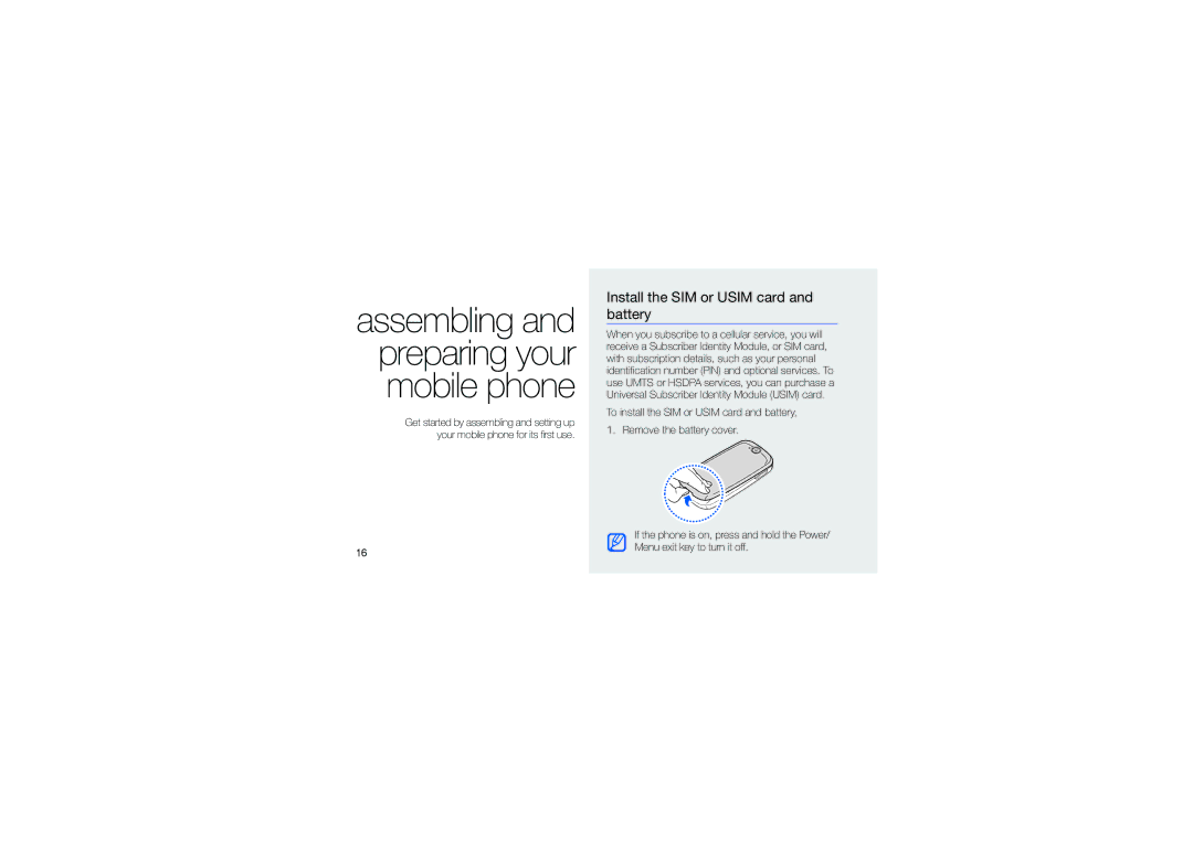 Samsung GT-S7550EBAORC manual Assembling and preparing your mobile phone, Install the SIM or Usim card and battery 