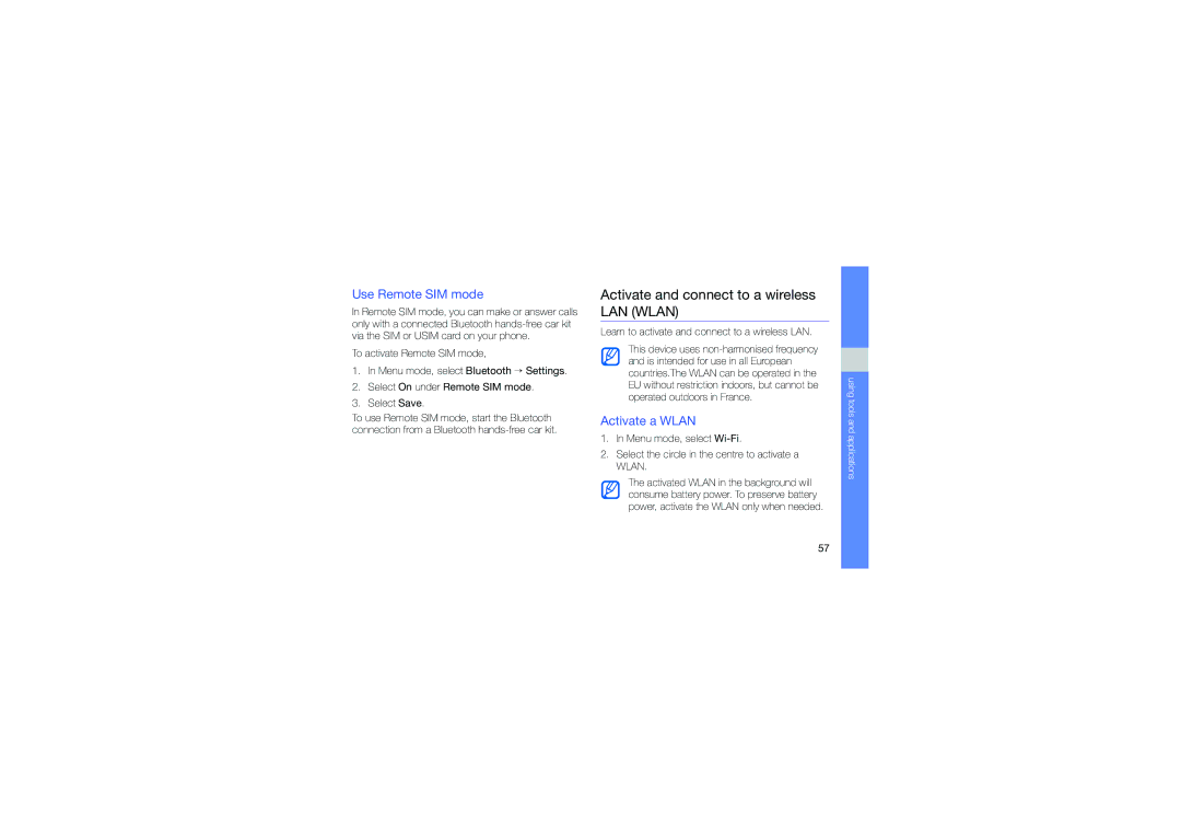 Samsung GT-S7550EBASWC, GT-S7550EBAORC Activate and connect to a wireless LAN Wlan, Use Remote SIM mode, Activate a Wlan 