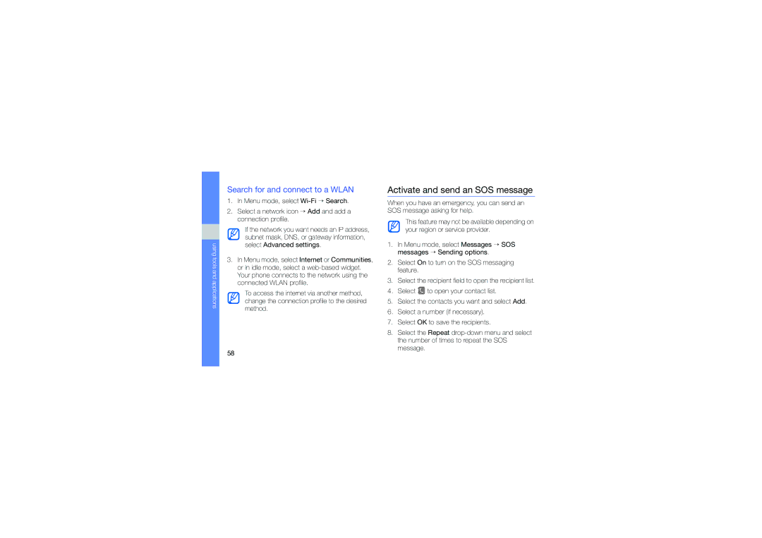 Samsung GT-S7550EBAPAN, GT-S7550EBAORC, GT-S7550EBASFR Activate and send an SOS message, Search for and connect to a Wlan 