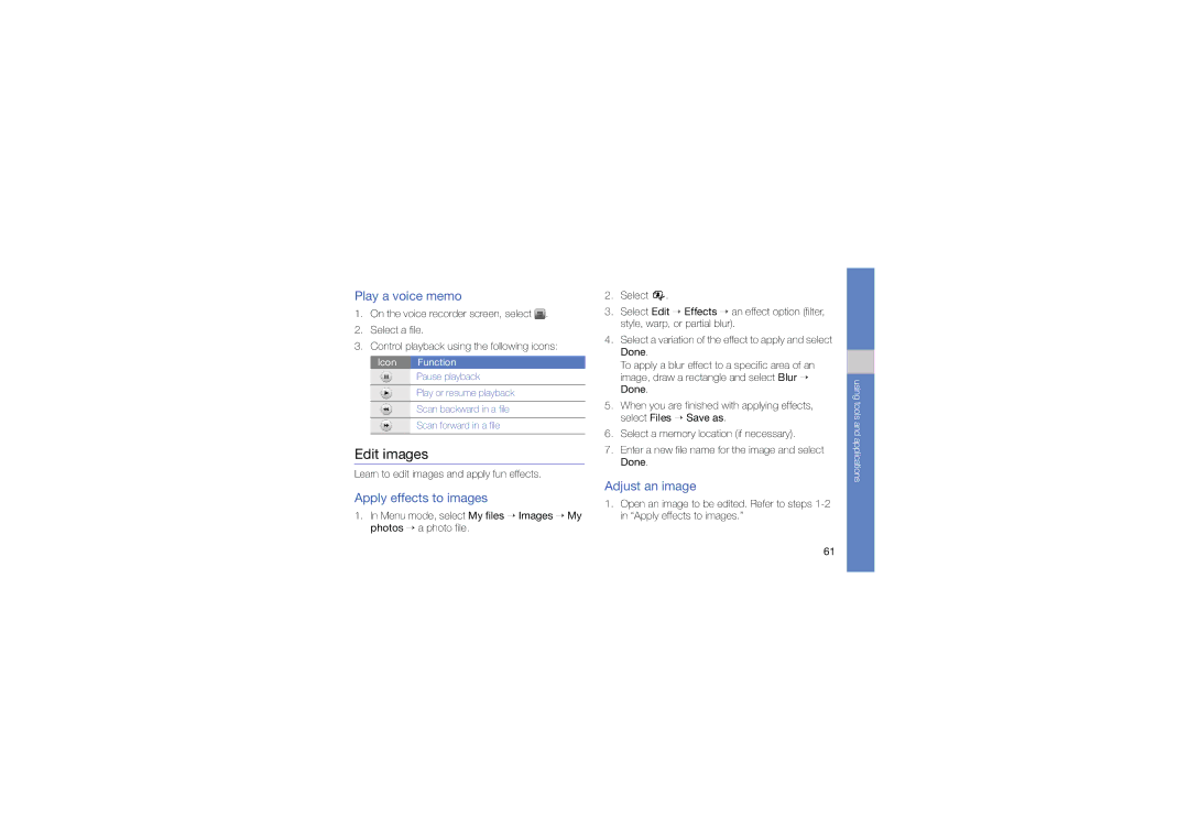 Samsung GT-S7550EBASFR, GT-S7550EBAORC manual Edit images, Play a voice memo, Apply effects to images, Adjust an image 