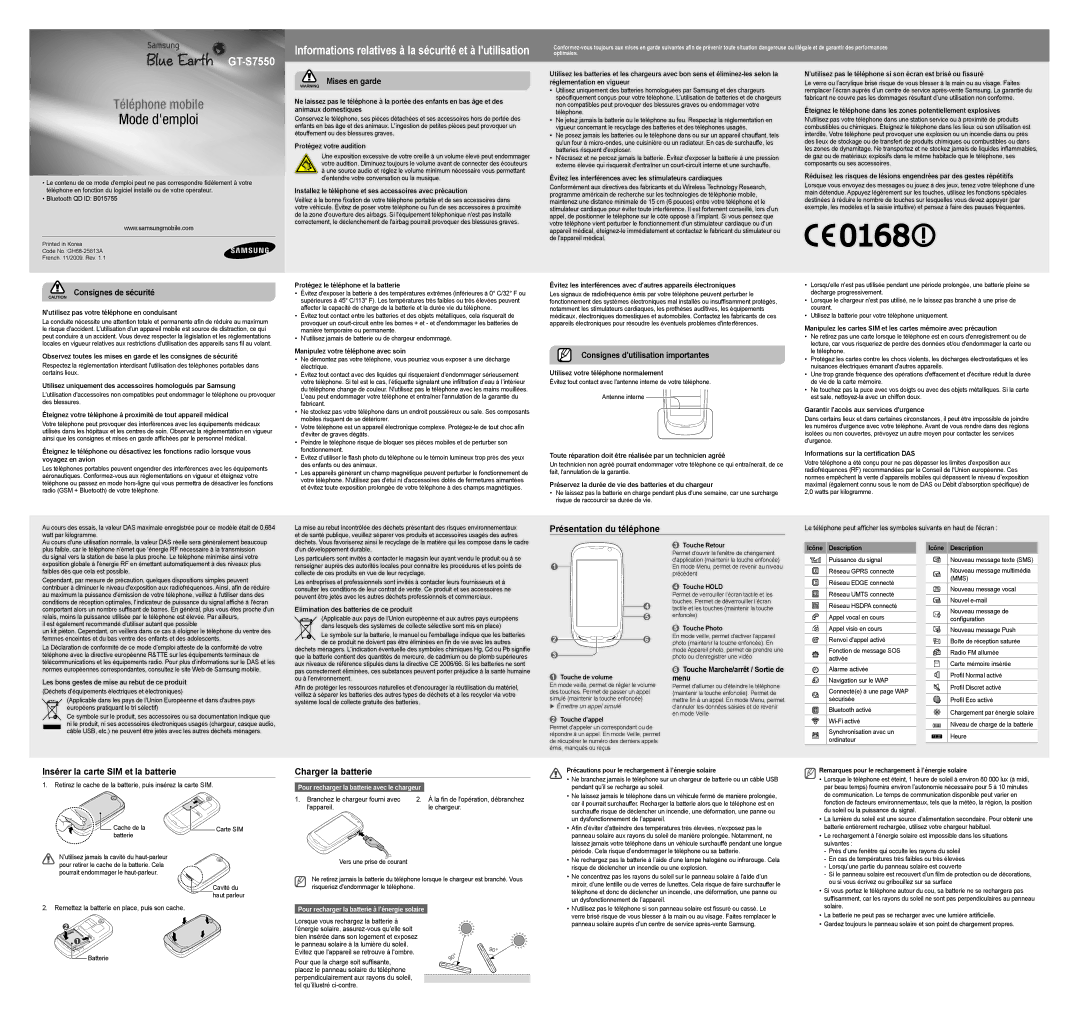 Samsung GT-S7550EBASFR manual Présentation du téléphone, Insérer la carte SIM et la batterie, Charger la batterie 