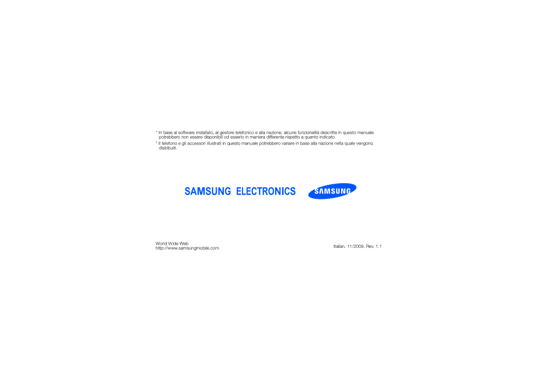 Samsung GT-S7550EBAOPT, GT-S7550EBAVOM, GT-S7550EBAOMN, GT-S7550EBAITV manual Italian /2009. Rev 