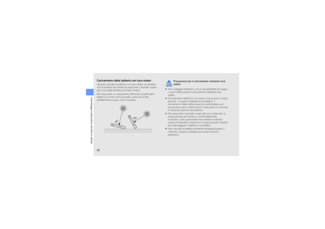 Samsung GT-S7550EBAITV, GT-S7550EBAVOM, GT-S7550EBAOPT, GT-S7550EBAOMN manual Caricamento della batteria con luce solare 