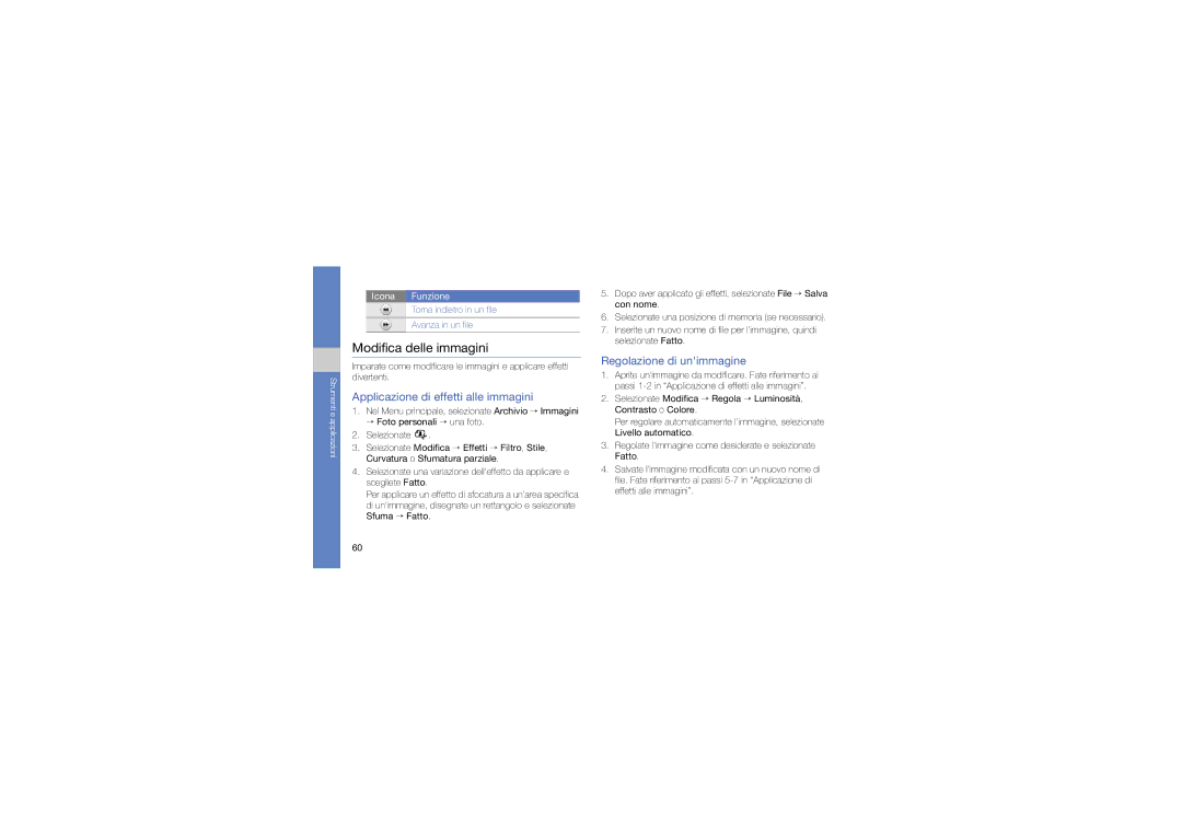 Samsung GT-S7550EBAITV manual Modifica delle immagini, Applicazione di effetti alle immagini, Regolazione di unimmagine 