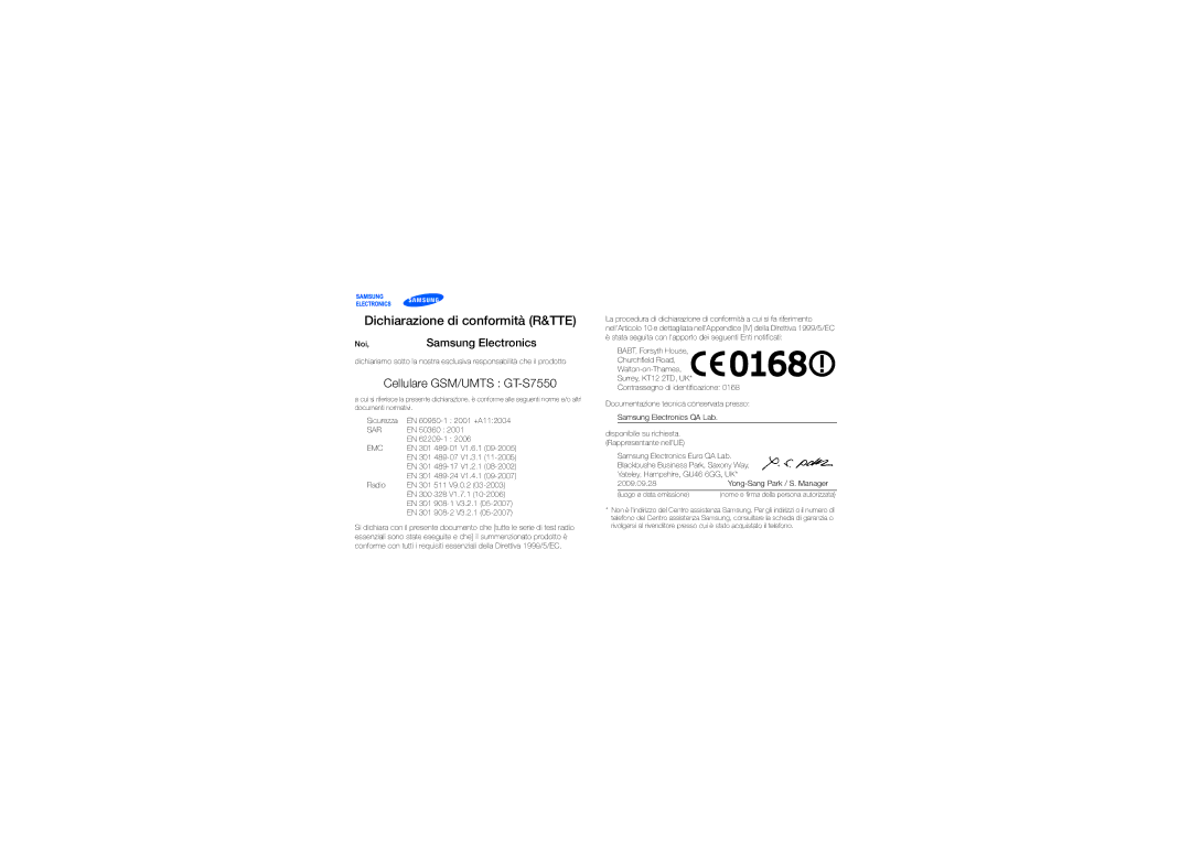 Samsung GT-S7550EBAVOM, GT-S7550EBAOPT, GT-S7550EBAOMN manual Dichiarazione di conformità R&TTE, Cellulare GSM/UMTS GT-S7550 